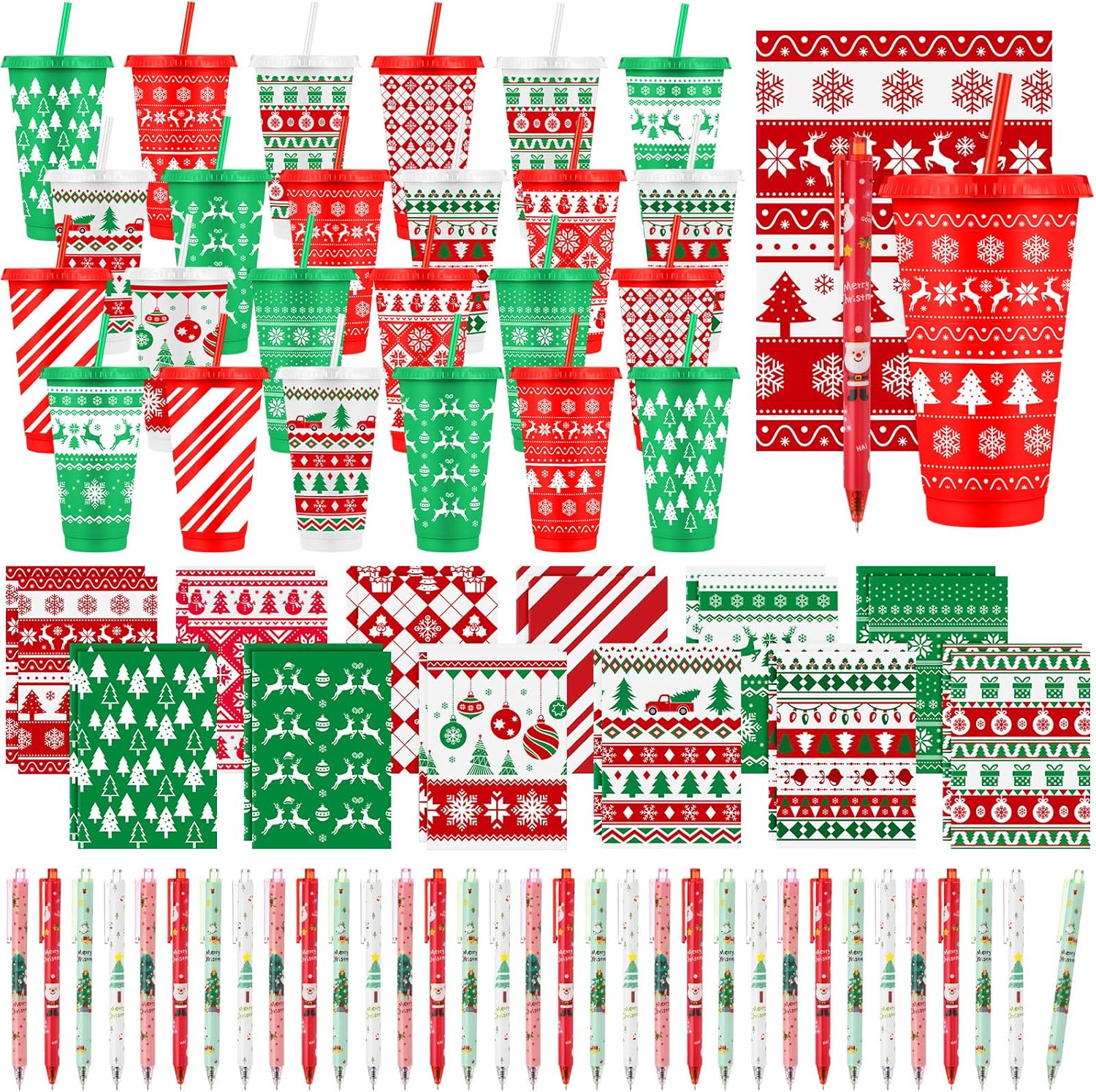 72 Pcs/ 24 Set Christmas Bulk Gifts for Coworkers 24 oz Christmas Tumbler with Lids and Straws Xmas Pens Notepads Set Reusable Plastic Cups Gift for Xmas Holiday Party Supplies Employee