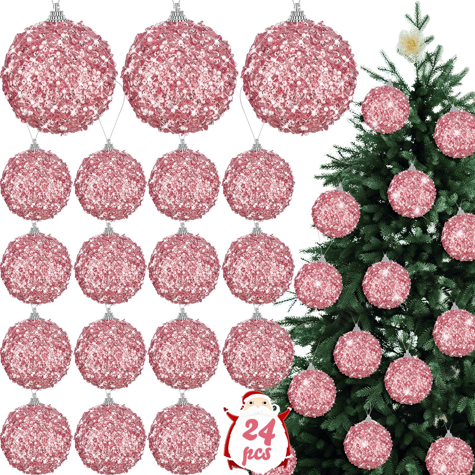 Liliful 24 adornos de bola de Navidad de 3.15 pulgadas con purpurina, decoraciones de árbol de Navidad, adornos colgantes grandes de Navidad para árbol de Navidad, boda, hogar, mesa, fiesta,