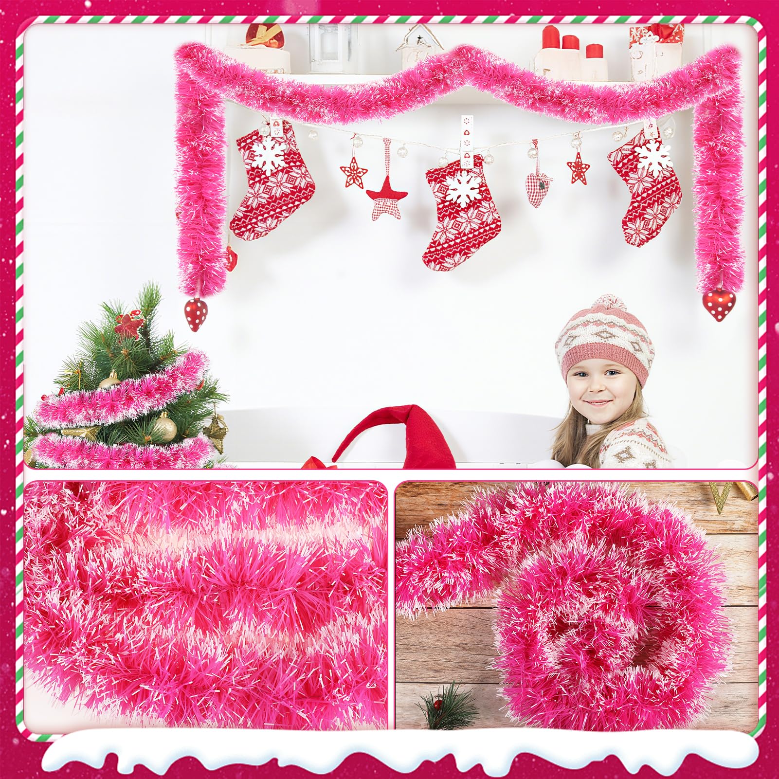 HOWAF 6Pz 12m Espumillon Arbol Navidad Rosa, Espumillon Rosa Guirnaldas Navideñas, Guirnalda Navidad Decoración, espumillón Arbol Decoración Navideña, Escalera, Chimenea, Año Nuevo