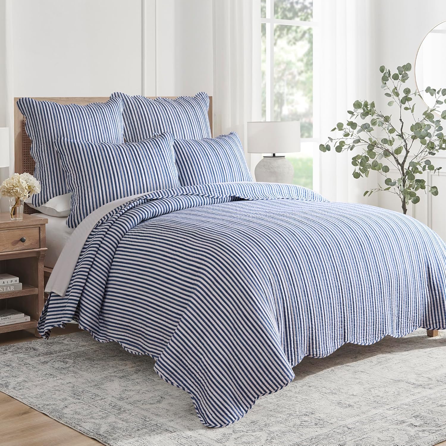 Levtex Home Martha Stripe Navy Reversible King/Cal King Quilt Set (106x92in) with 2 Pillow Shams (36x20in) - Stripe Bedding - Navy, White - Cotton King Size Quilt Bedding Set - Scalloped Edge