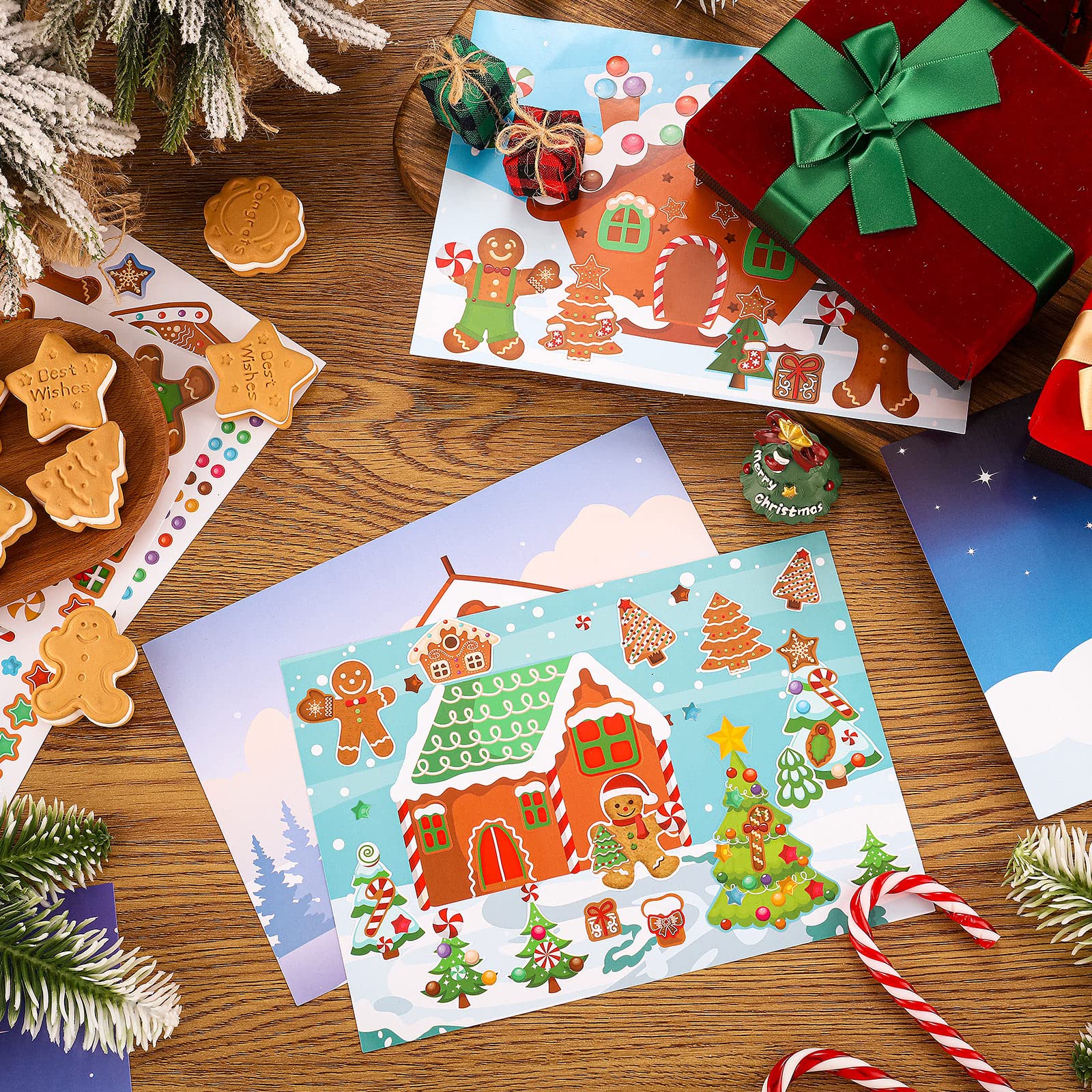 48 Blatt Make-a-Lebkuchenhaus Aufkleber für Kinder DIY Lebkuchenhaus Aufkleber Szenen und Hintergründe Lebkuchen-Aufkleber für Weihnachtsfeier Gefälligkeiten Urlaub Aktivität Handwerk Spiele Zubehör