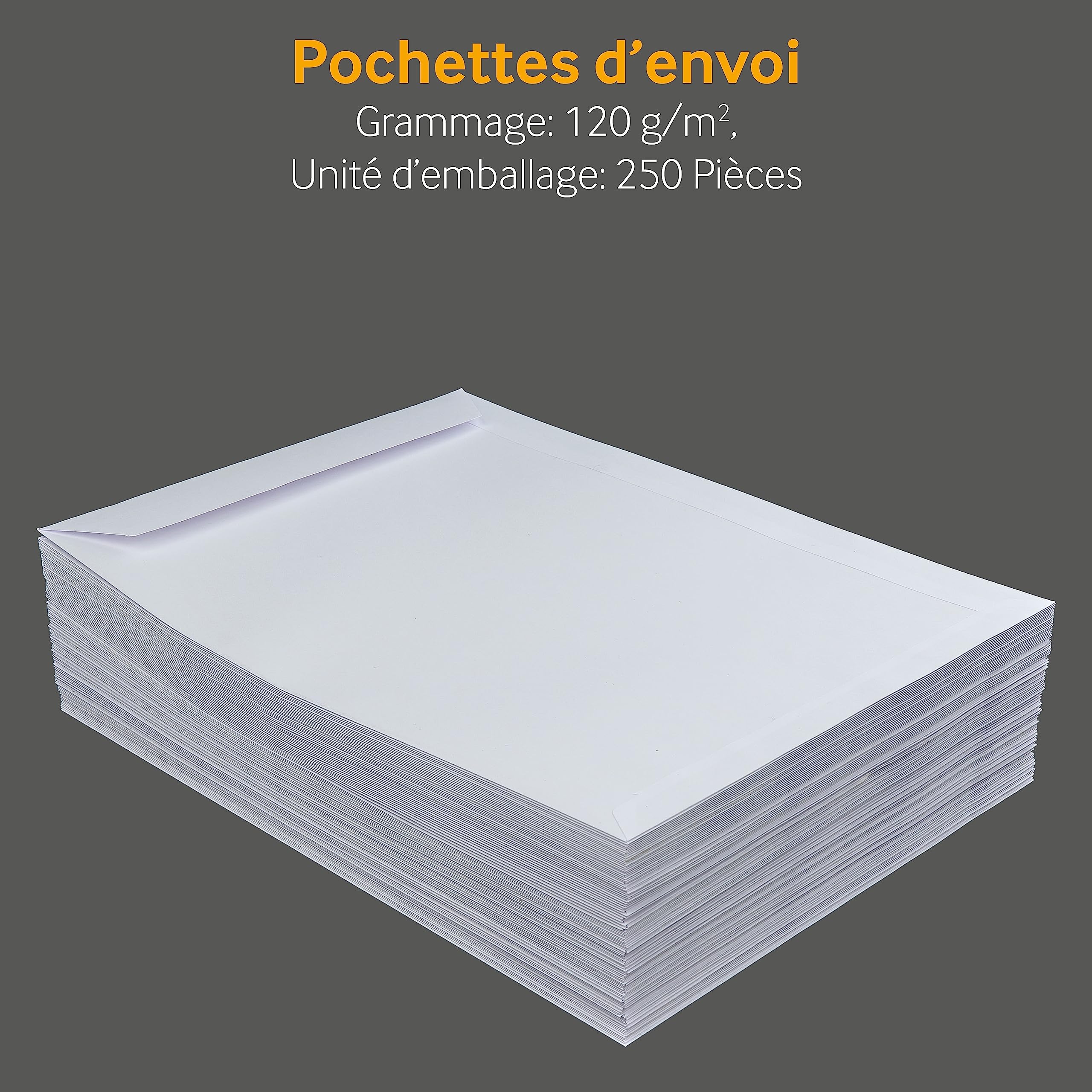 250 pochettes d'expédition blanches C4, 229 x 324 mm, sans fenêtre, fermeture adhésive, rabat droit, 120 g/m² offset, Enveloppe 24