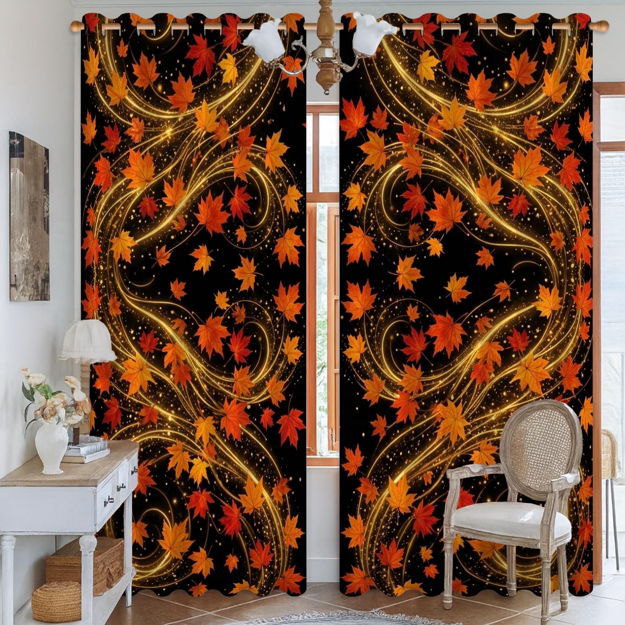Verdunkelungsvorhänge, Ahornblätter, traditionelle Wirbel, Sterne, Herbst, schwarz, wärmeisoliert, Ösenvorhänge für Wohnung, Wohnzimmer, Schlafzimmer, 132 x 213 cm