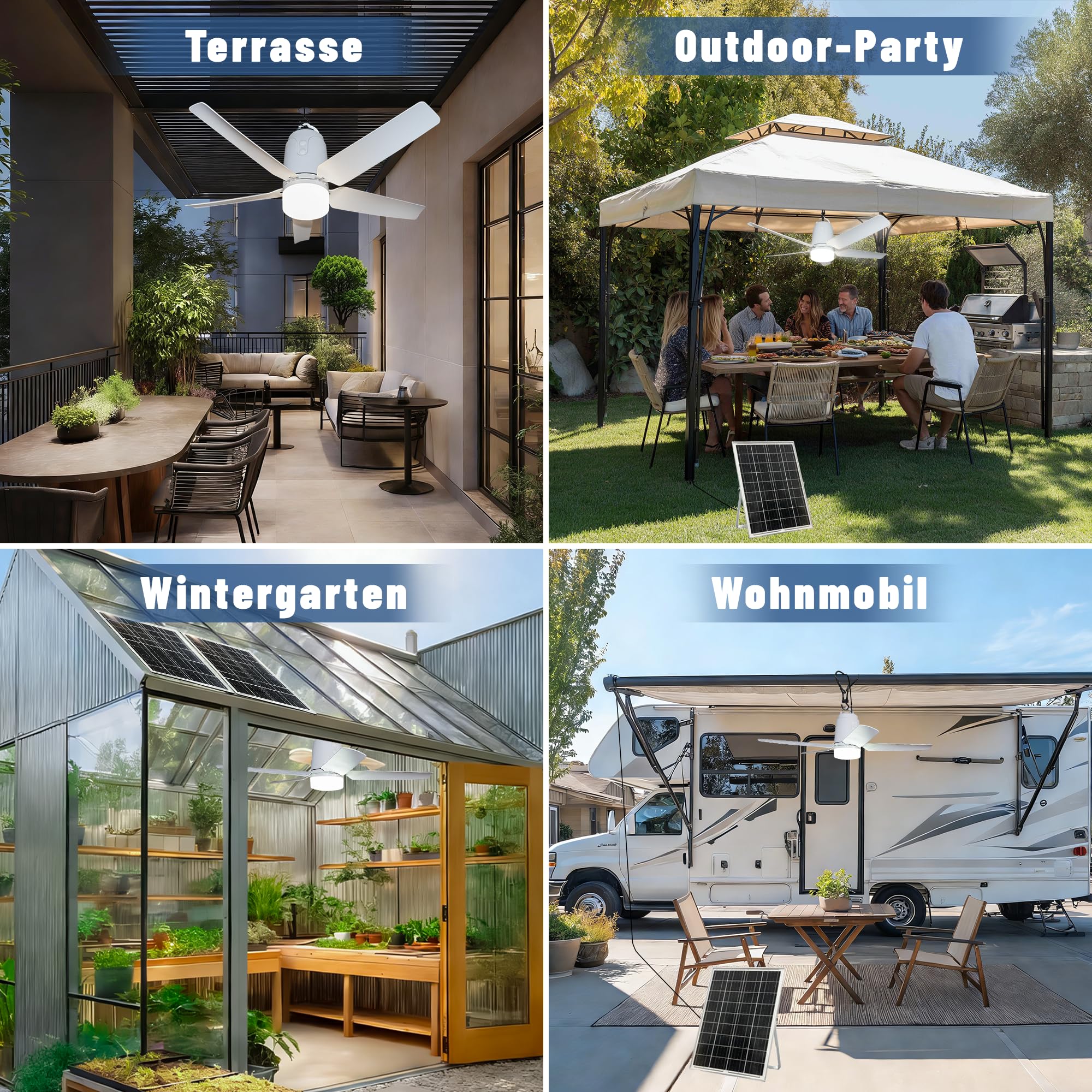 80CM Solar Deckenventilator mit Beleuchtung für Outdoor, 60W Solarpanel und 40000mAh Akku Groß Mobiler Ventilator mit Licht, Fernbedienung & Haken für Camping, Pavillon, Terrasse, Zelt, Hühnerstall