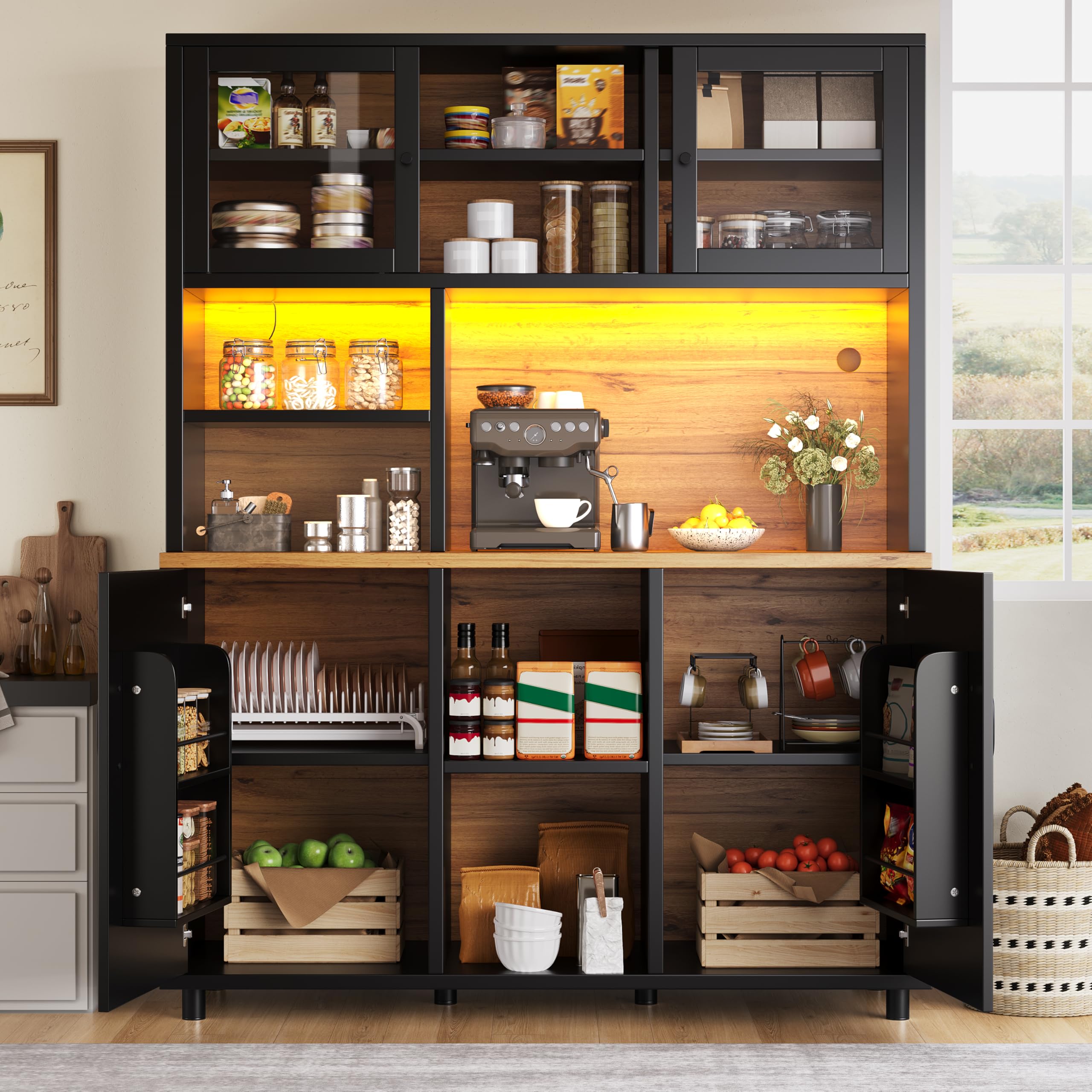 Modern Küchenschrank mit LED-Beleuchtung und USB-Anschluss, Hochschrank mit Verstellbare Einlegeböden und Verstellbare Füße, Buffetschrank mit Schiebetüren, Schwarz-A, 140x40x185 cm