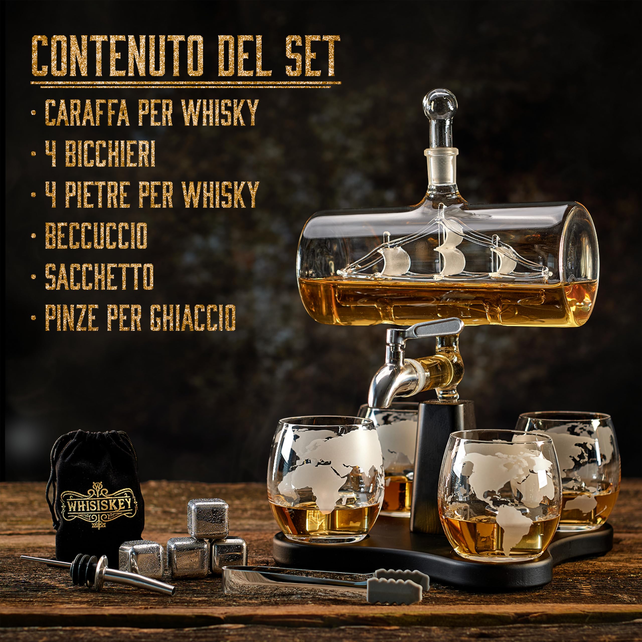 WHISISKEY Decanter per Whisky - Set Whisky Regalo - Idee Regalo Uomo Compleanno - Velieri Decanter 1100ML, Scatola Regalo, 4 Bicchieri da Whisky x 285ML, 4 Pietre di Whisky, Accessori