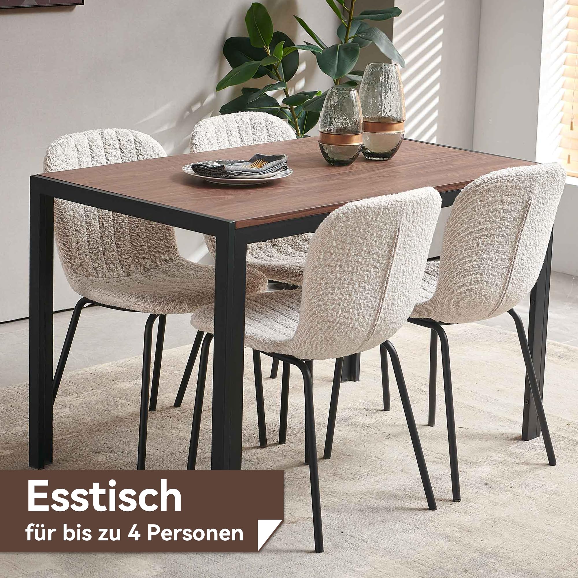 NORDICANA Esstisch, Schreibtisch, 120x70x75 cm Tisch, Küchentisch mit Eichenholz-Masereffekt, für 4 Personen, Landhausstil, mit Stahlbeinen, Tischplatte aus MDF, für Esszimmer, Homeoffice, Küche