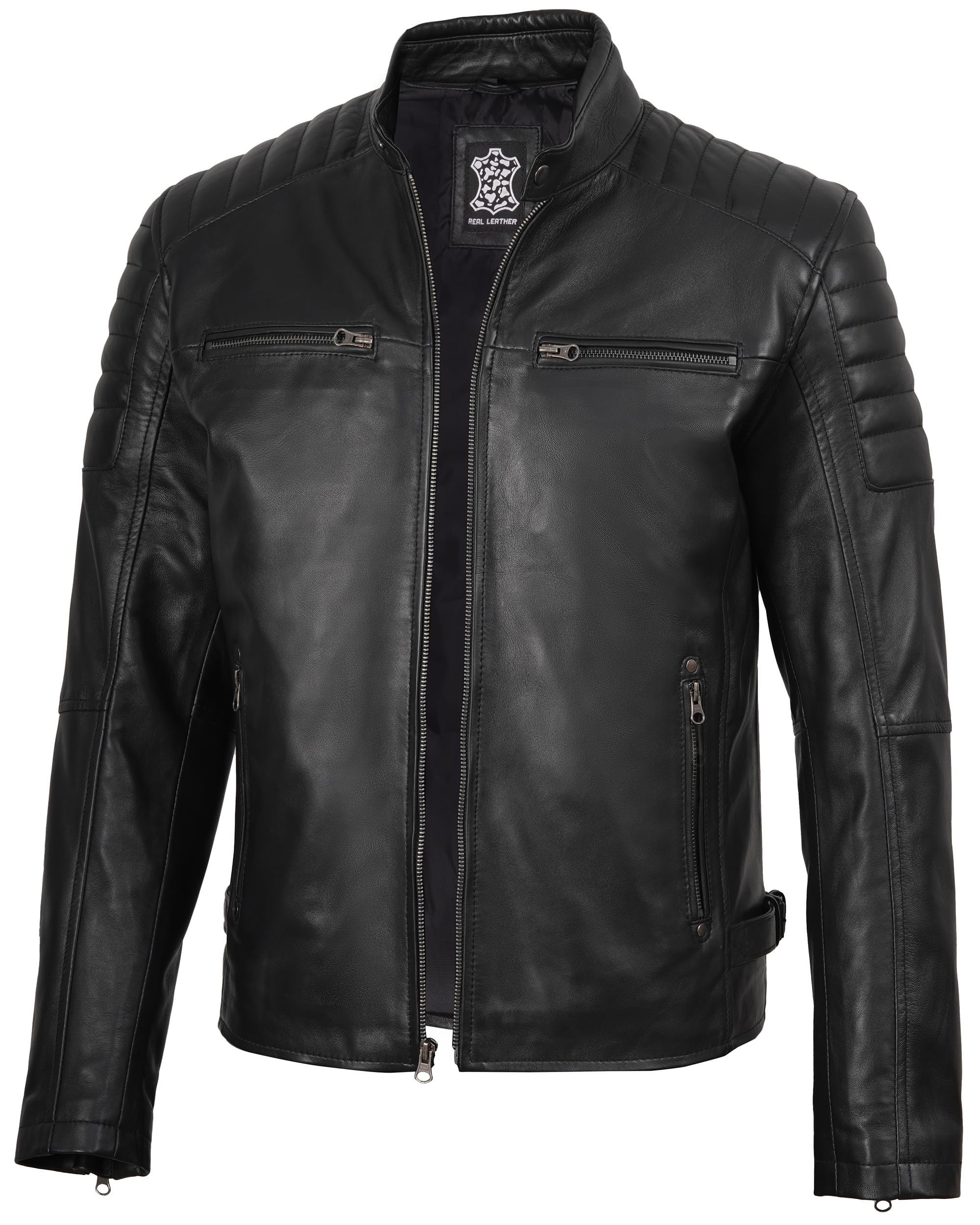 fjackets Men Leather Jacket - Cafe Racer Real Leather Jackets for Men Stylish Lambskin Leather Jacket Mens