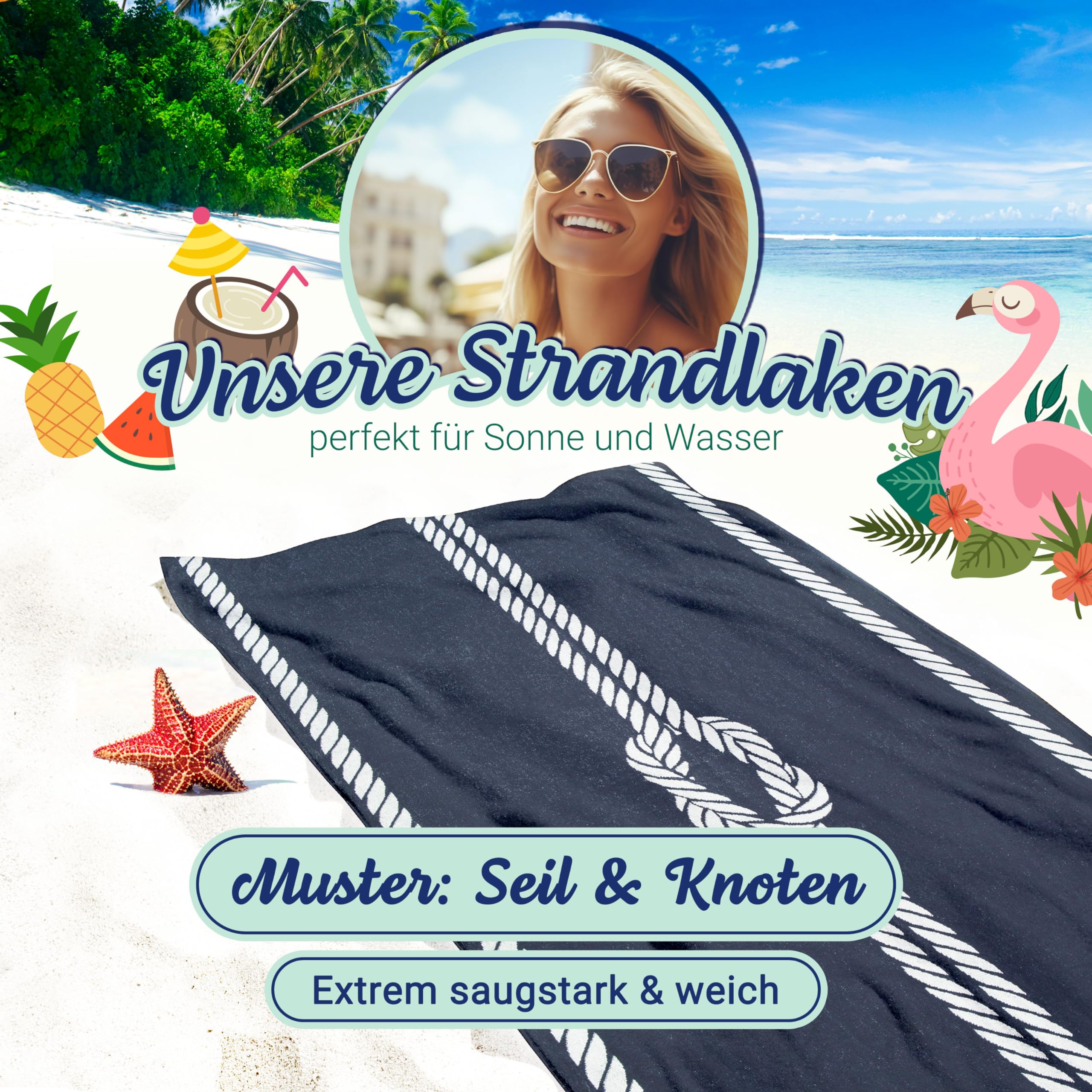 ZOLLNER Strandlaken - saugstarkes und strapazierfähiges Handtuch in 100x200 cm - waschbar bis 60°C - Baumwolle in blau - Elegantes Seil und Knoten Design - Oeko Tex® Zertifiziert