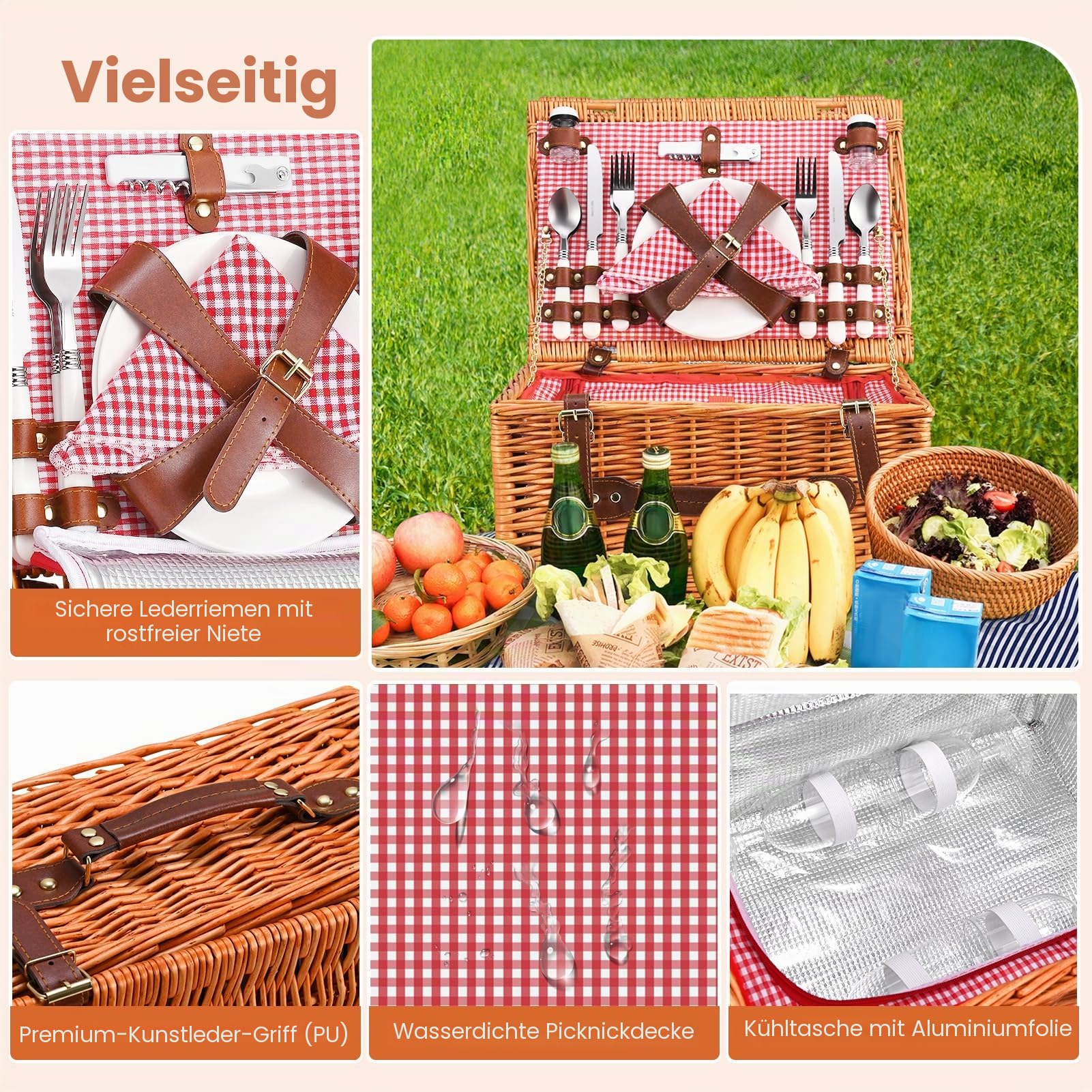 Premium Picknickkorb-Set für 4 Personen, Weidenkorb mit Kühlfach, Wasserdichter Decke, Tellern, Gläsern, Besteck, für Camping, Outdoor Party, Strand, Wandern, Rot