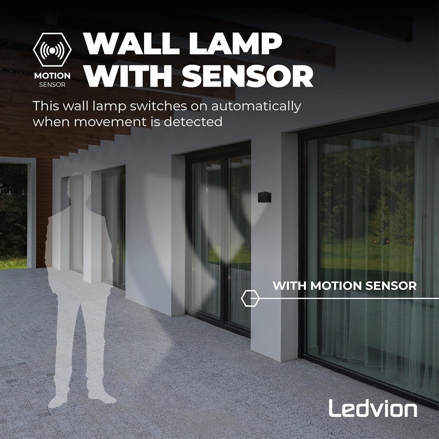 Image illustrating the motion sensor functionality of the wall lamp, showing a silhouette of a person triggering the light.