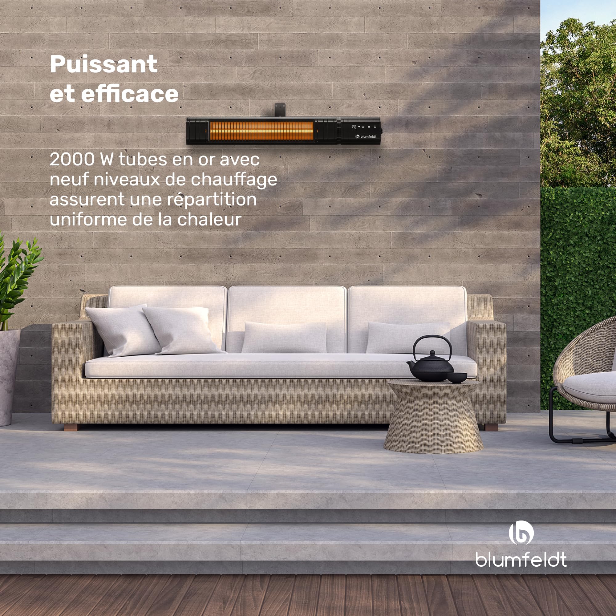 Blumfeldt radiateur Infrarouge 2000 W – Montage mural & plafond, extérieur IP65 étanche, 9 niveaux de chaleur, WiFi intelligent, tubes en or, pour balcon & terrasse