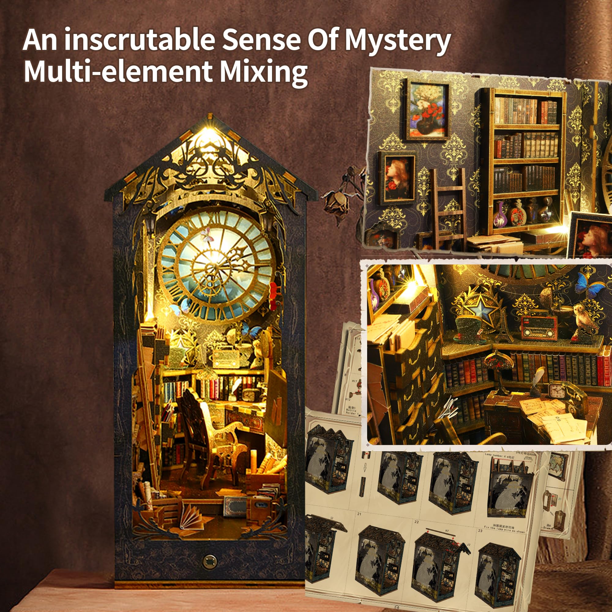 DIY Book Nook Kit per Casa Delle Bambole Fai da Te in Miniatura Kit di Costruzione di Modellini con Mobili e Luce LED in Legno Book Scaffale Inserto Decorazione Regalo Creativo per Adolescent