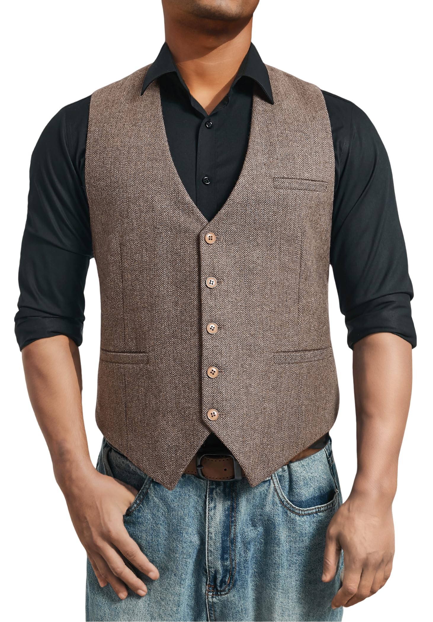 HISDERN Formal Vest Men Tweed Vest Wool Suit Vests for Men
