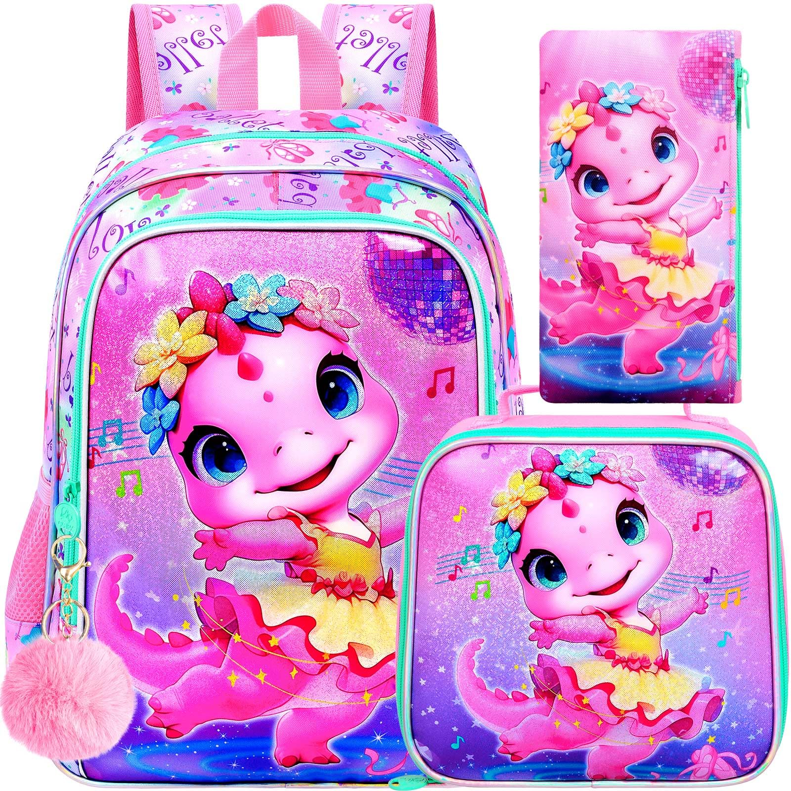 CCJPX 3PCS Dinosaur Backpack for Girls, 16 Inch Kids Ballet Preschool School Backpacks with Lunch Box, Cute Ballet Water Resistant Bookbag with