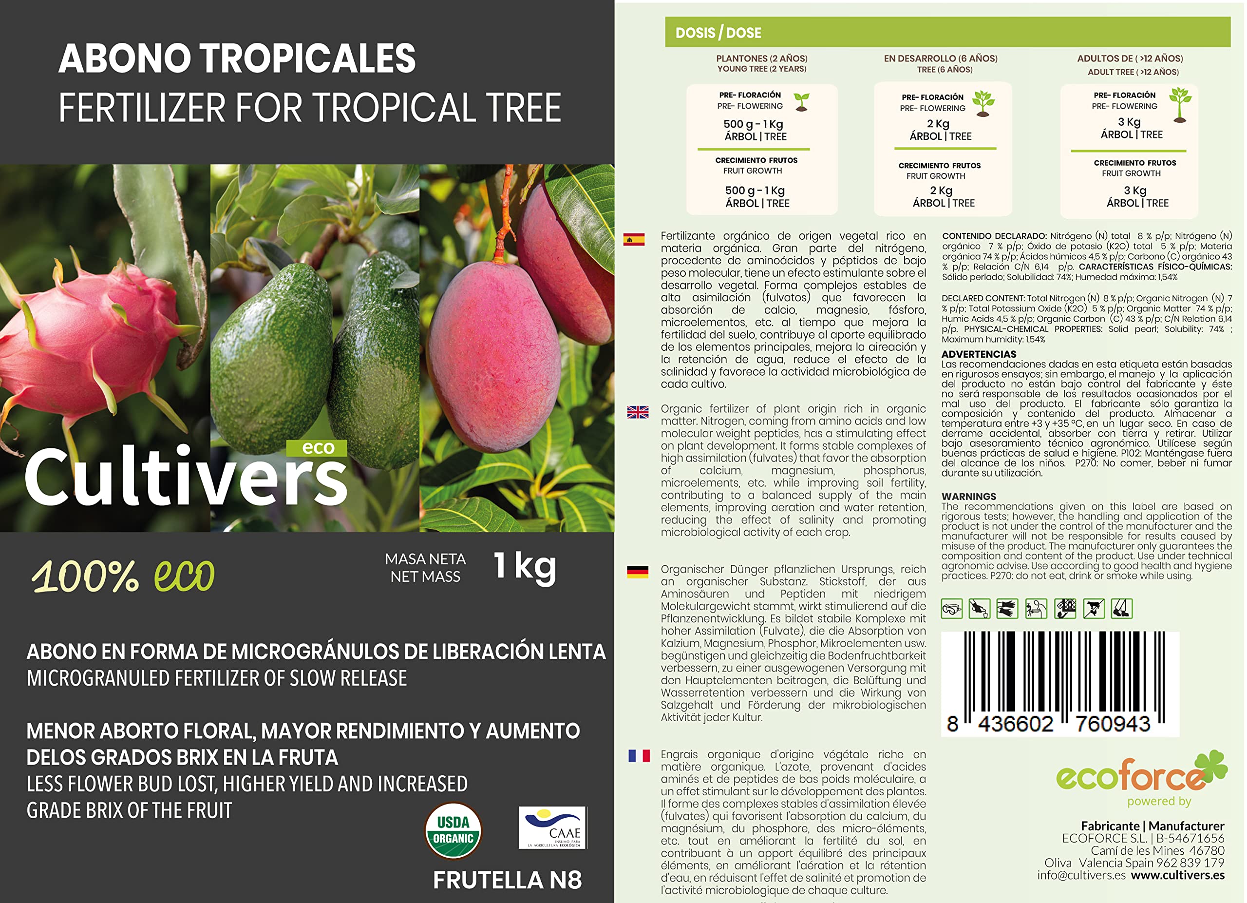 CULTIVERS Abono árboles Tropicales Ecológico 20 kg. Fertilizante para Aguacate, Mango, Litchi, Pitahaya, Papaya y Guayaba