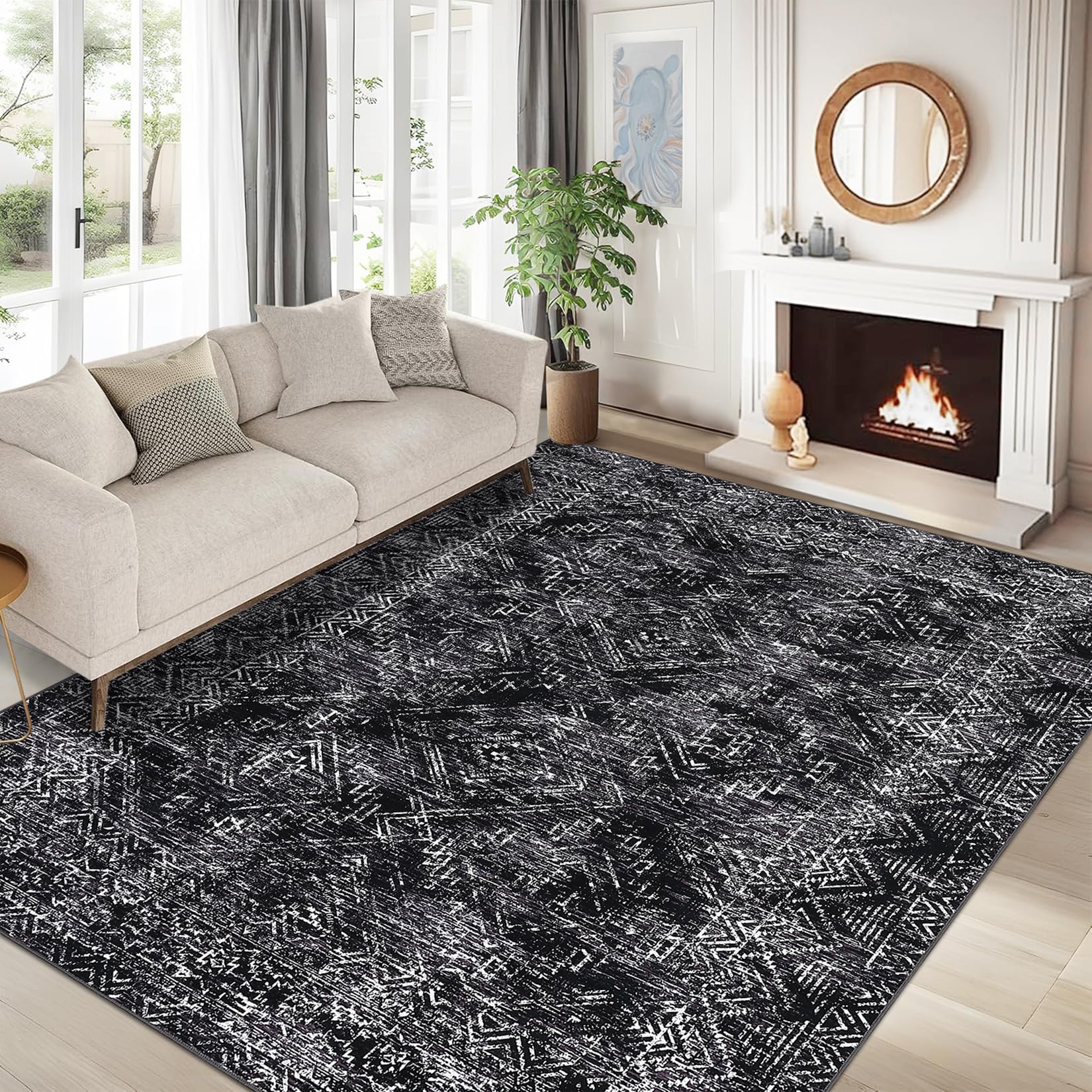 GarveeHome 6x9 Area Rugs, Washable Black Rugs for Living Room, Large Soft Bedroom Throw Rug, Non-Slip Stain Resistant Thin Boho Floor Carpet for