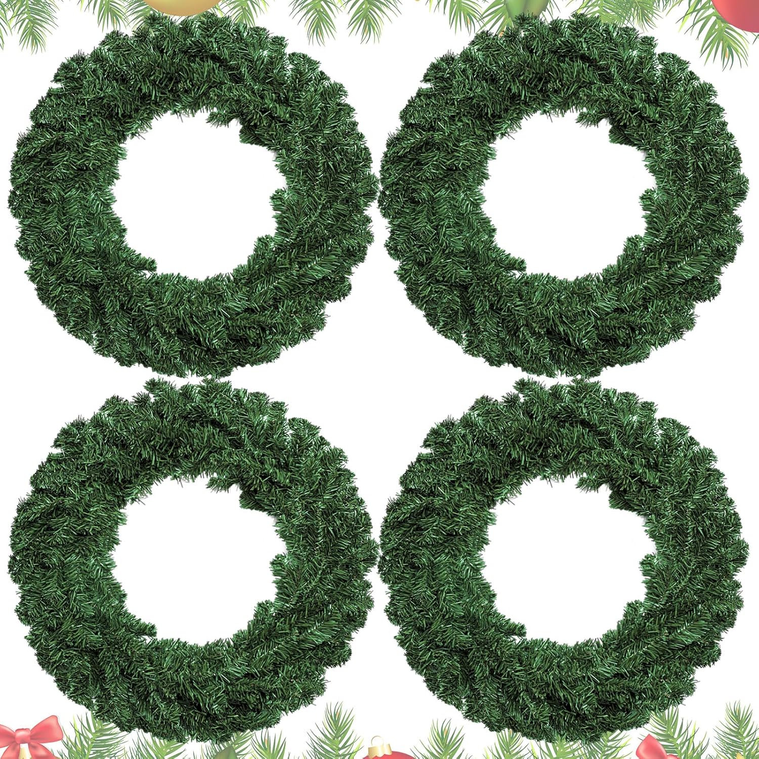 Hotop 4 Pcs Artificial Christmas Wreath for Front Door Christmas Green Farmhouse Wreath DIY Faux Plain Wreaths for Decorating Window Room Christmas Party Decor (24 Inches) 4 24 Inches
