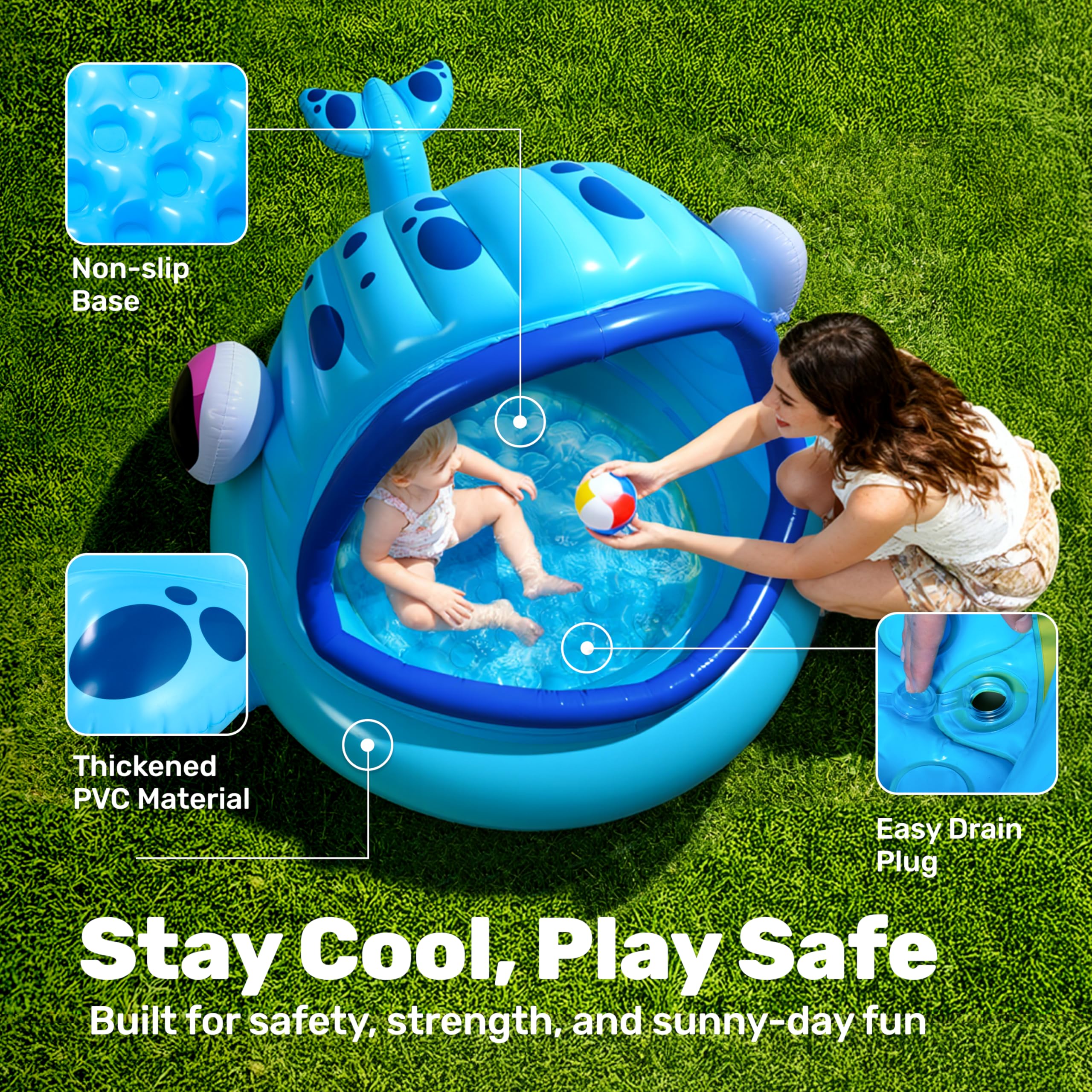 JOYIN Piscina Infantil Hinchable con Parasol para Niños 137 x 142 x 71cm Ballena Piscinas bebé Infantiles, Flotador de Natación Juguetes de Fiesta de natación