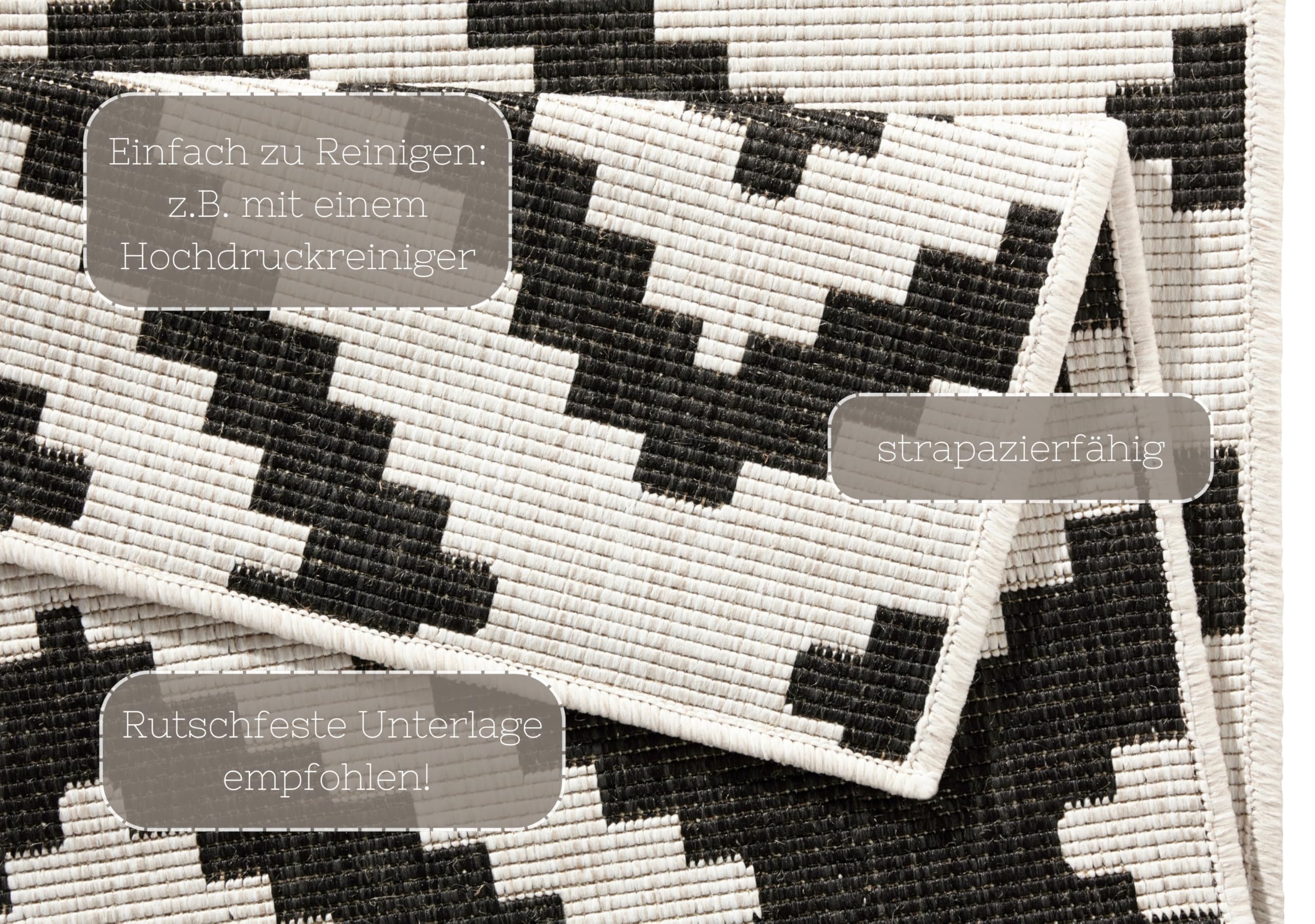 NORTHRUGS Tappeto reversibile Malta, resistente alle intemperie, moderno motivo geometrico, per balcone, terrazza, giardino d'inverno, soggiorno, impermeabile, in polipropilene, nero, crema, 80 x 250