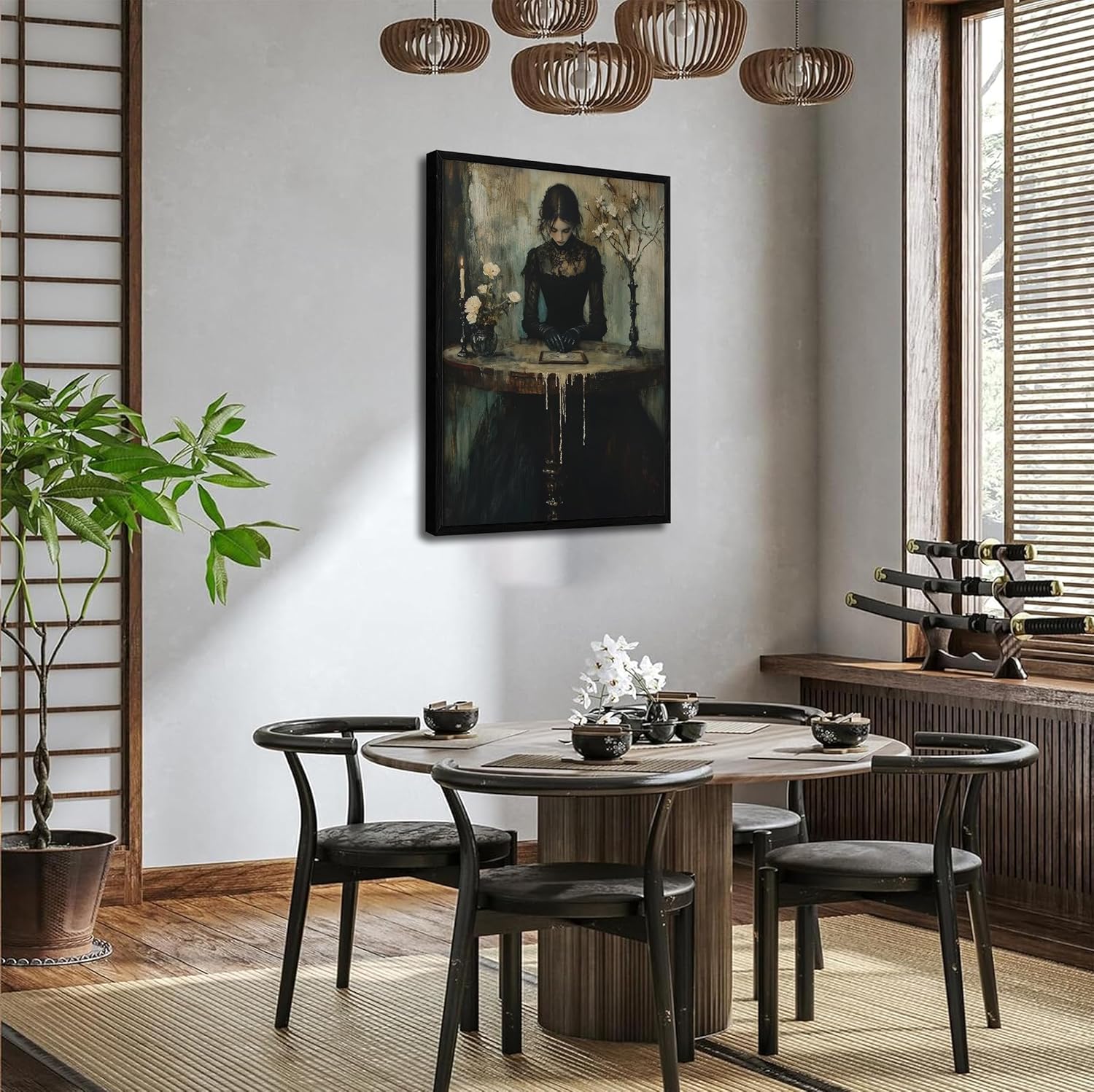 Framed Dark Academia Canvas Wall Art Gothic Victorian Woman Painting Picture Wall Decor Moody Occult Botanical Aesthetic Poster Print Artwork for Gallery Living Room Bedroom Home Decoration