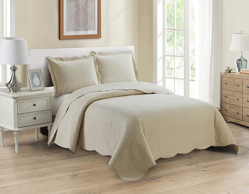 3pc King/Cal King Over Size Luxury Embossed Bedspread Set Light Weight Solid Beige New