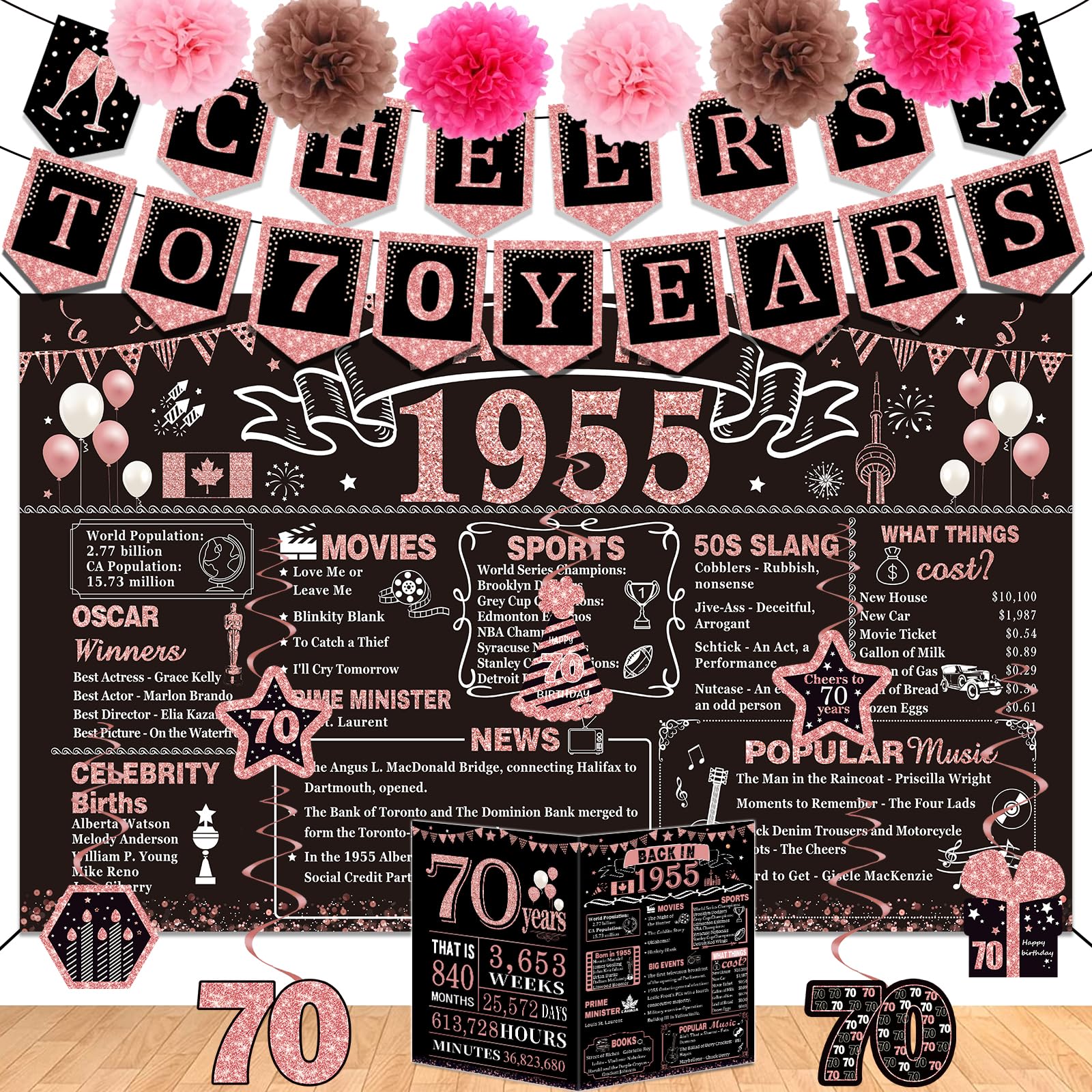 70th Birthday Decorations for Women,16PCS Back in 1955 Banner 70 Year Old Party Decorations,Including Vintage 1955 Banner,1955 Anniversary Card,Cheers to 70 Years Banner,7 Hanging Swirl,6 Paper Poms