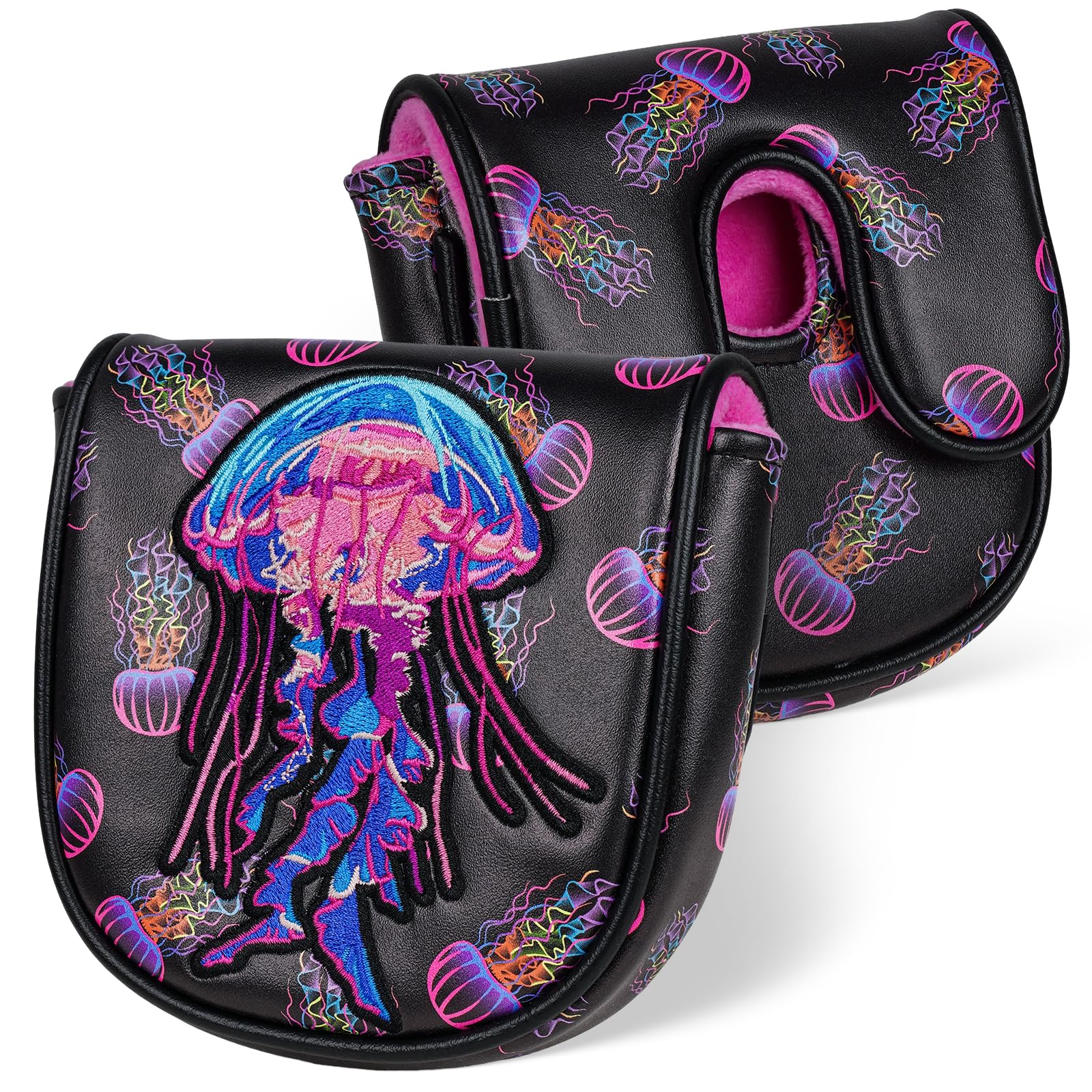 LZFAN Golf Club Head Covers Driver Fairway Wood Hybrid Golf Club Headcover Leather Protector Heavy Embroidered Colorful Jellyfish(DF3 Putter)