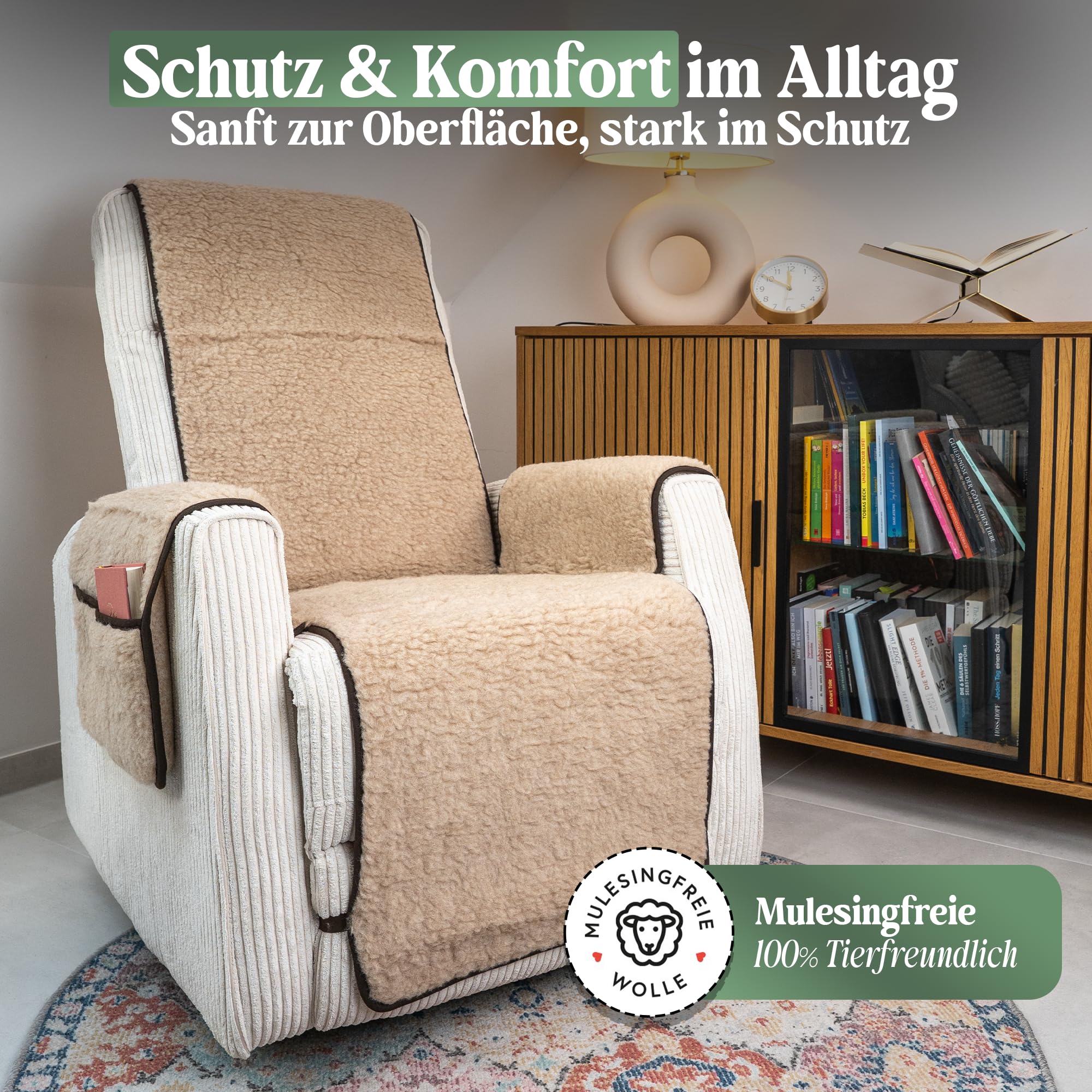 Novaliv Sesselschoner für Relaxsessel Hellbraun Universeller Sesselschoner mit Armlehne Schonender Sessel Bezug aus Schurwolle Komfort Sesselbezug Relaxsessel Sesselauflage Sesselüberwurf mit Armlehne
