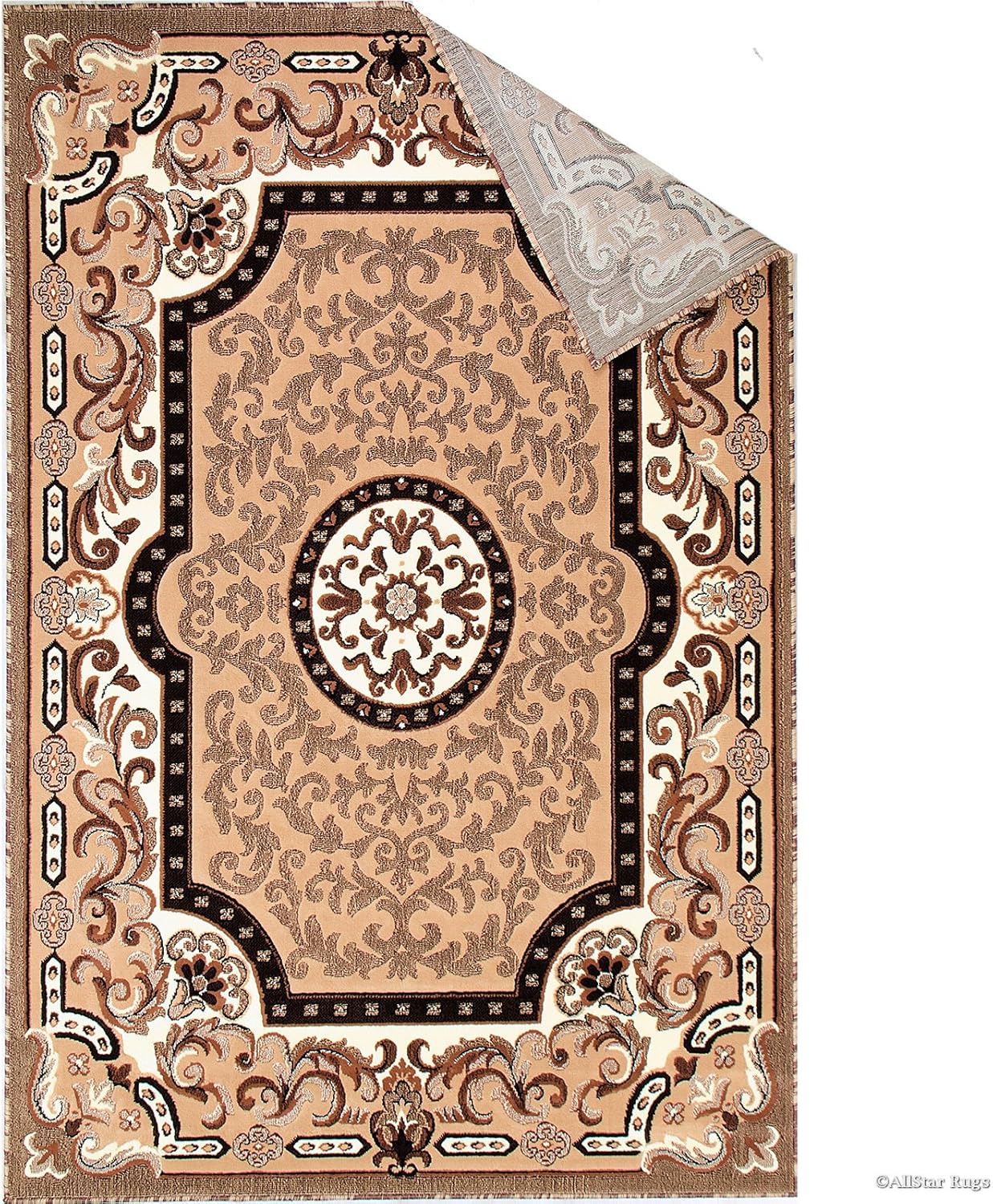 Allstar 5x7 Beige and Ivory Classic French Country Machine Carved Effect Rectangular Accent Rug with Mocha and Espresso Bordered Medallion Design (5' 2" x7' 1")