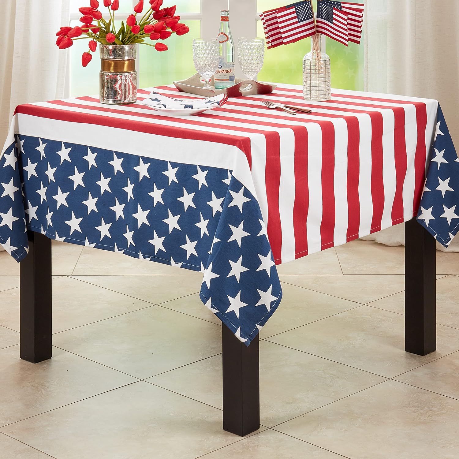 SARO LIFESTYLE American Flag Tablecloth – Patriotic Stars & Stripes Table Linen for Memorial Day, Fourth of July & Everyday Entertaining, Multi, 65"x104"