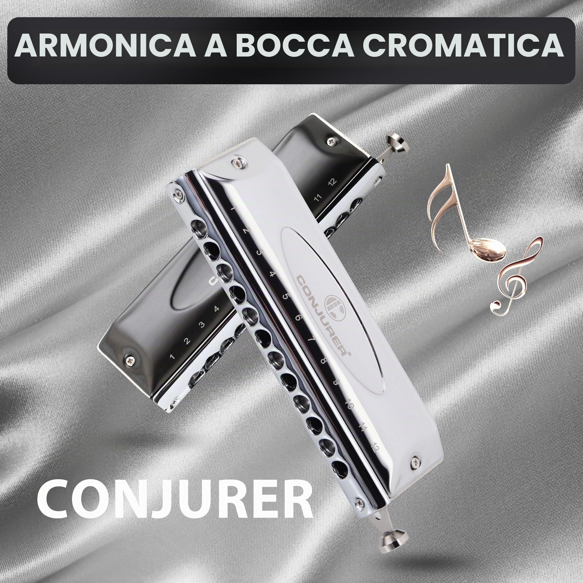 CONJURER Armonica cromatica Stanadard a bocca in chiave di do, 12 fori, 48 toni, con custodia, per principianti, adulti, bambini, professionisti, studenti, amici, regali (argento)