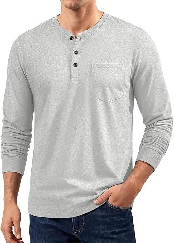 CRYSULLY Mens Long Sleeve Shirt Cotton 3 Button Pocket T-Shirts Casual Stylish Lightweight Pullover Shirt