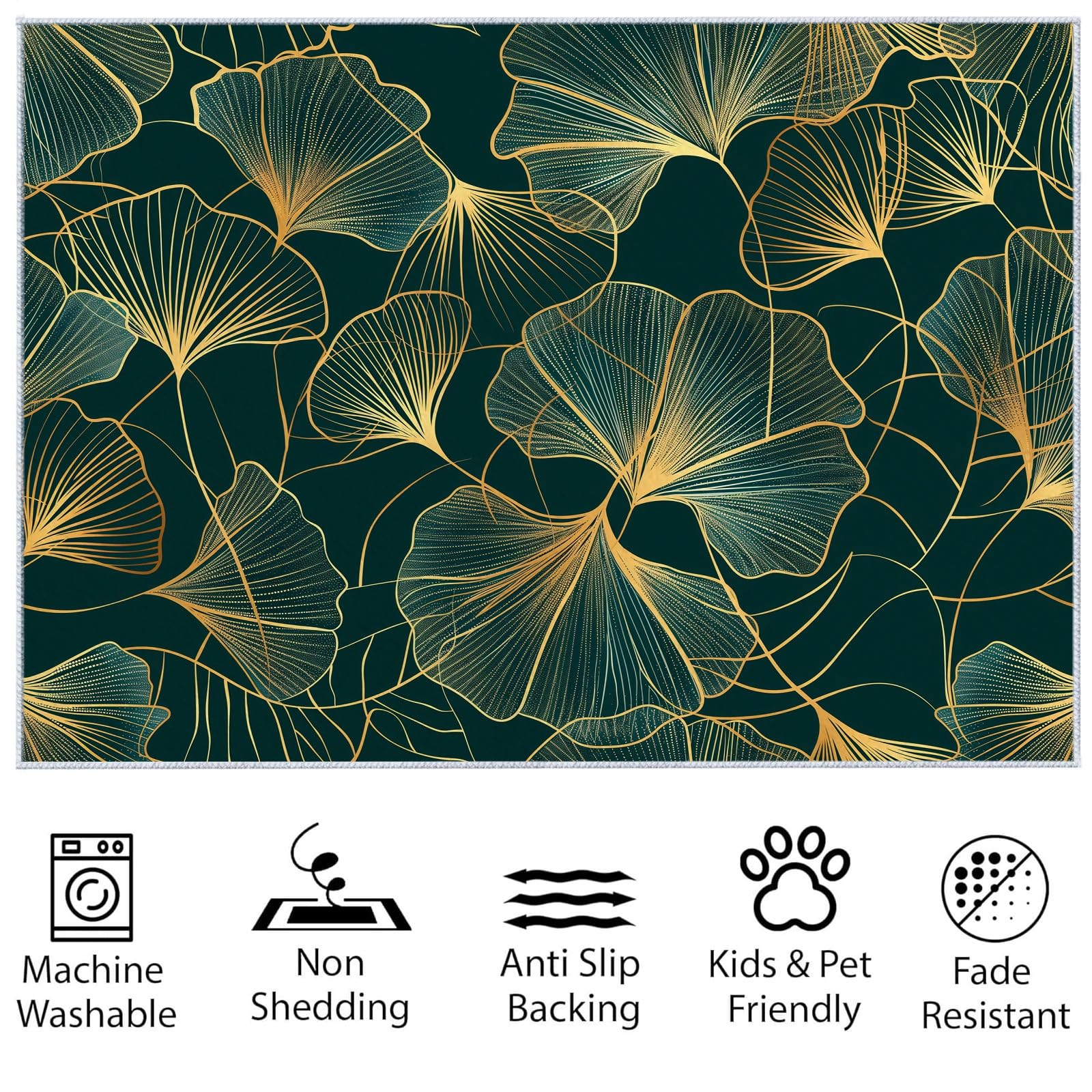 Tapis de Salon Lavable 180 x 240 cm Feuille de Ginkgo Botanique Abstraite, Tapis Antidérapant à Poils Ras Vert Foncé - Moquette Décoration de Sol Douce et Pliable pour Chambre Bureau Chambre d'enfant