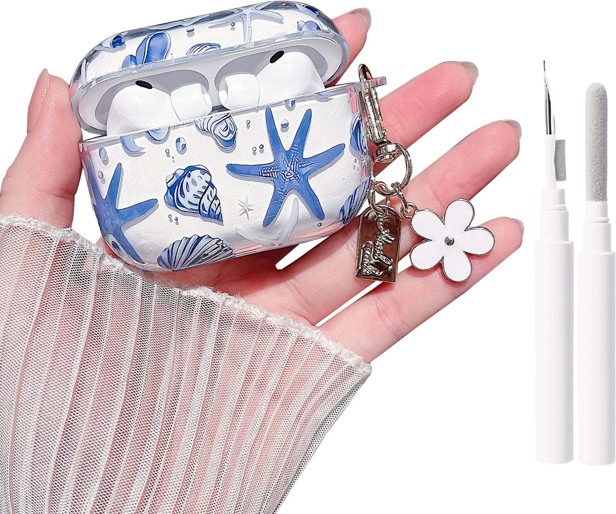 Compatible with AirPods Pro 3rd Generation Clear Case,Cute Beautiful Seashell and Starfish Pattern Design with Keychain, Soft TPU Protective Shockproof Cover for AirPods Pro 3-Blue