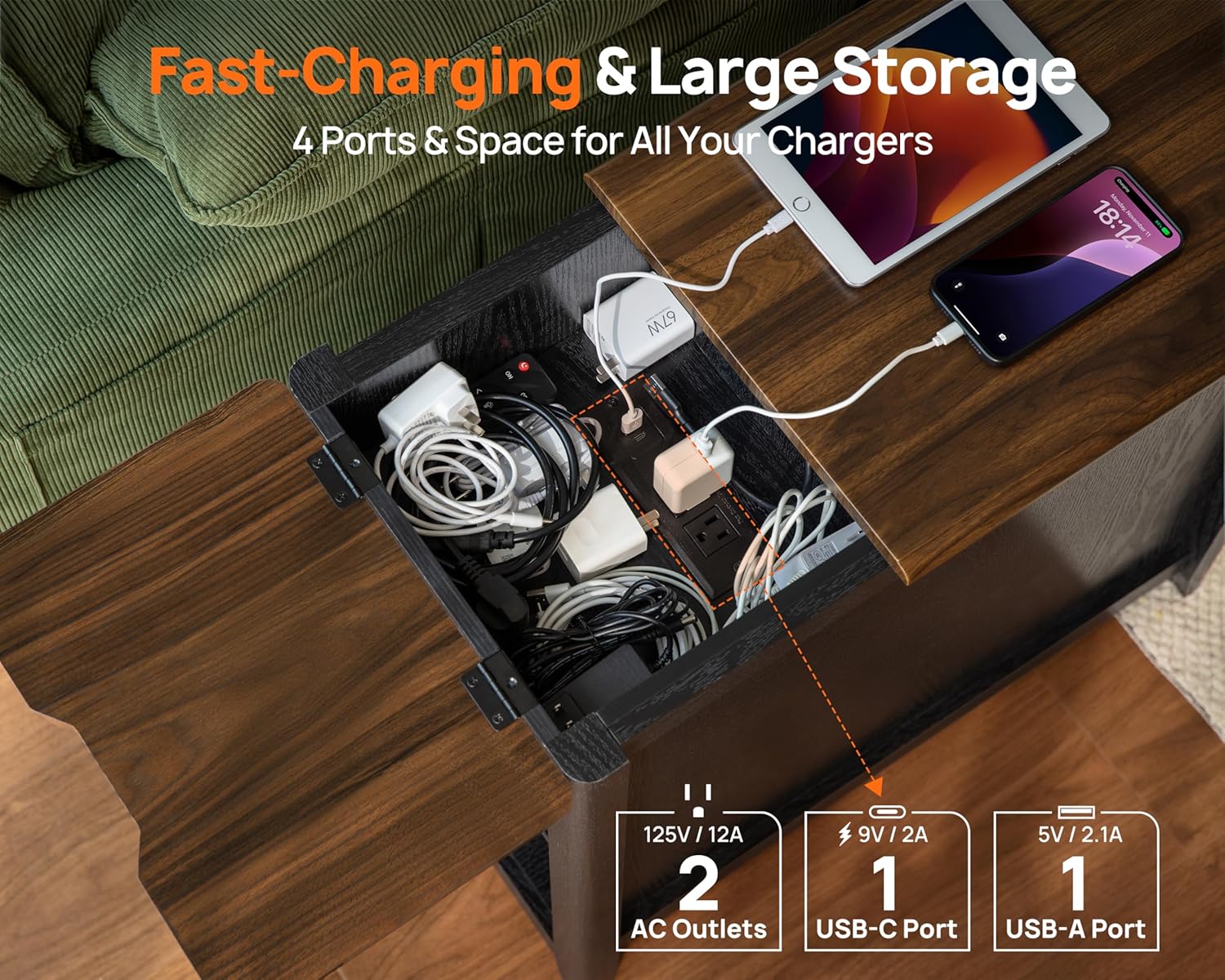 Farmhouse End Table with Charging Station, USB-C, Narrow Side Table with Storage Cabinet and Deep Drawer, Small Nightstand with Hidden USB Ports and Outlets for Living Room, Bedroom, Office,Black