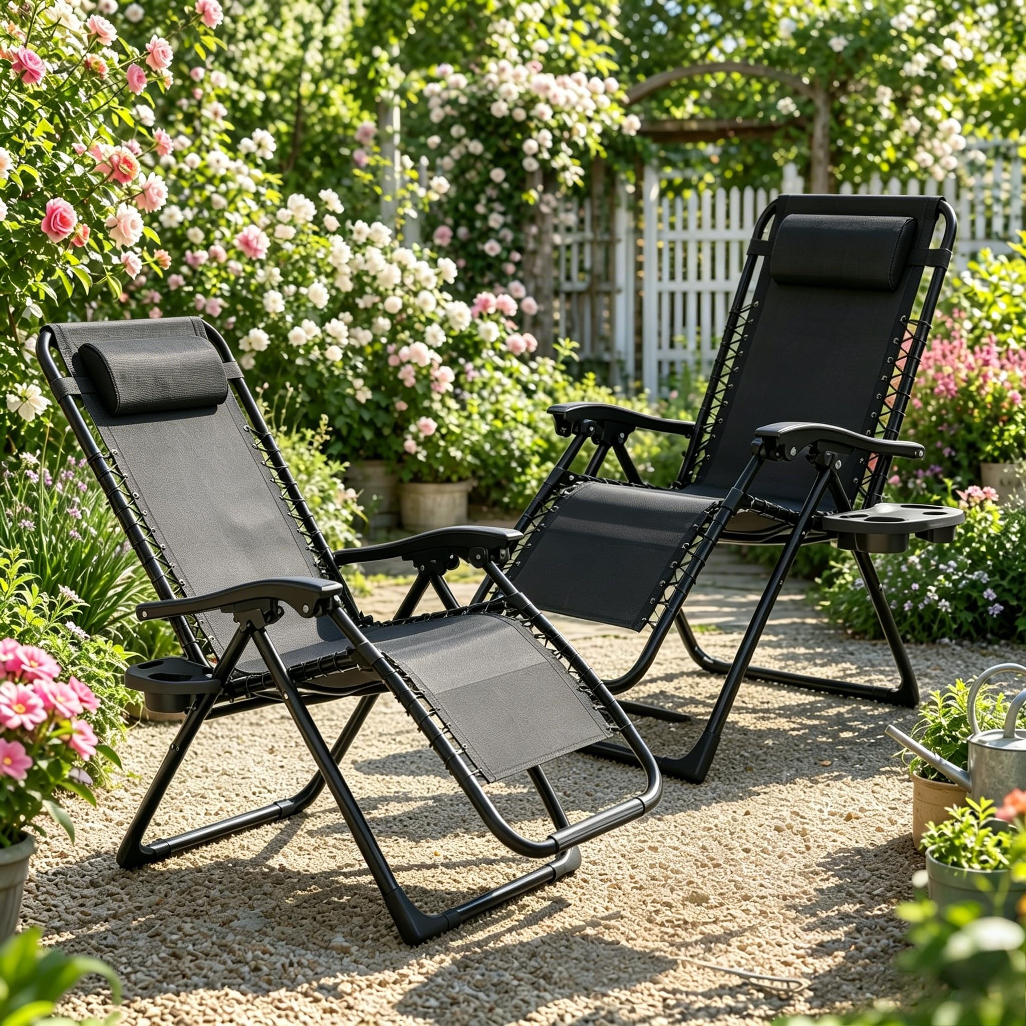 Gotland Set of 2 Zero Gravity Outdoor Sun Loungers for garden, 2026 No Assembly Required Folding Garden Recliner Chairs with Cup Holder, Adjustable Headrest Pillow - Textilene Mesh, Basics Adjustable
