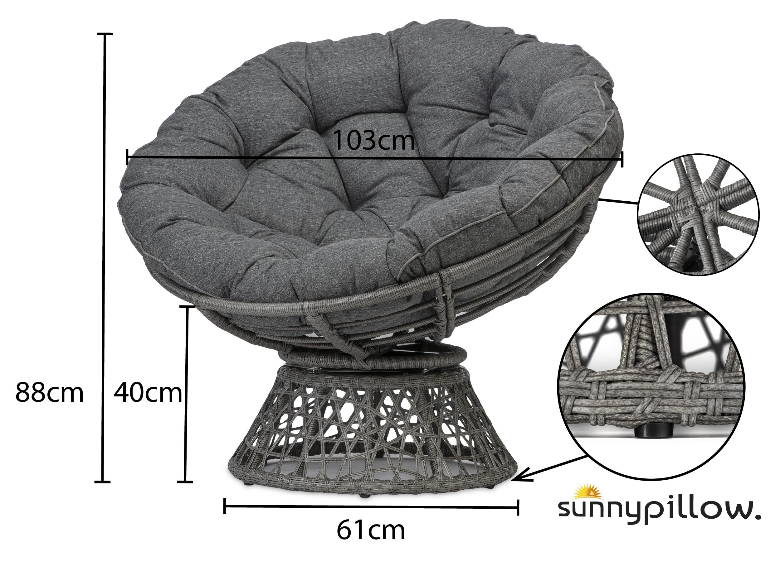 sunnypillow Papasansessel | Rattansessel mit Kissen rund Durchmesser 120 cm | gemütlicher Loungesessel drehbar für Wohnzimmer | Balkon Sessel Korbsessel Rattan Lesesessel | Outdoor/Indoor | Antrazit