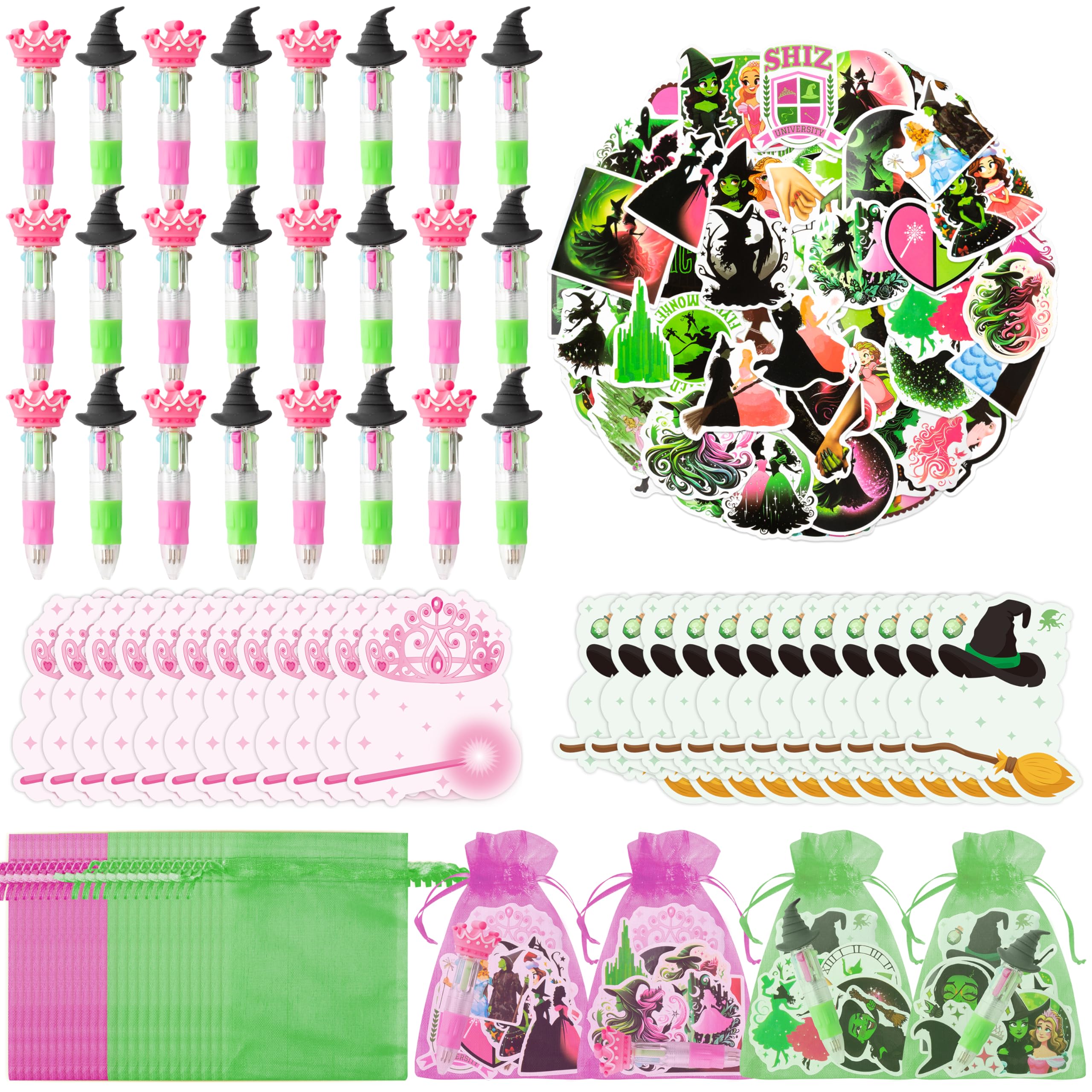 Wood Homing Princess Witch Stationery Gift - 24 Pack Green and Pink Party Favors 4-in-1 Broom Ballpoint Pens Sticky Note Sticker and Organza, Witch Goodie Bag Stuffers Fillers for Kids School Rewards