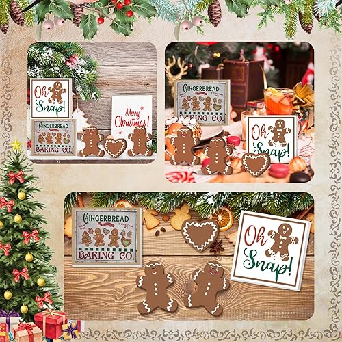 Miniatura 7 de Suzile 5 piezas de decoración de mesa de hombre de jengibre de Navidad, bandeja rústica escalonada de madera de jengibre para árbol de Navidad,