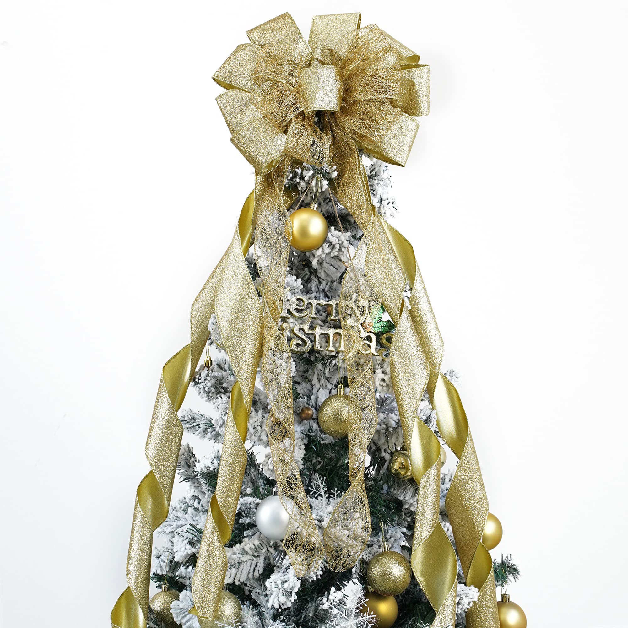 MEEDEEGold Bows for Christmas Tree Big Gold Christmas Tree Topper Bow Gold Winter Christmas Tree Decoration 12" Wide Gold Christmas Bows Decorative Bow Wreath Bow Lantern Bow Garland Swag, 1 Pack