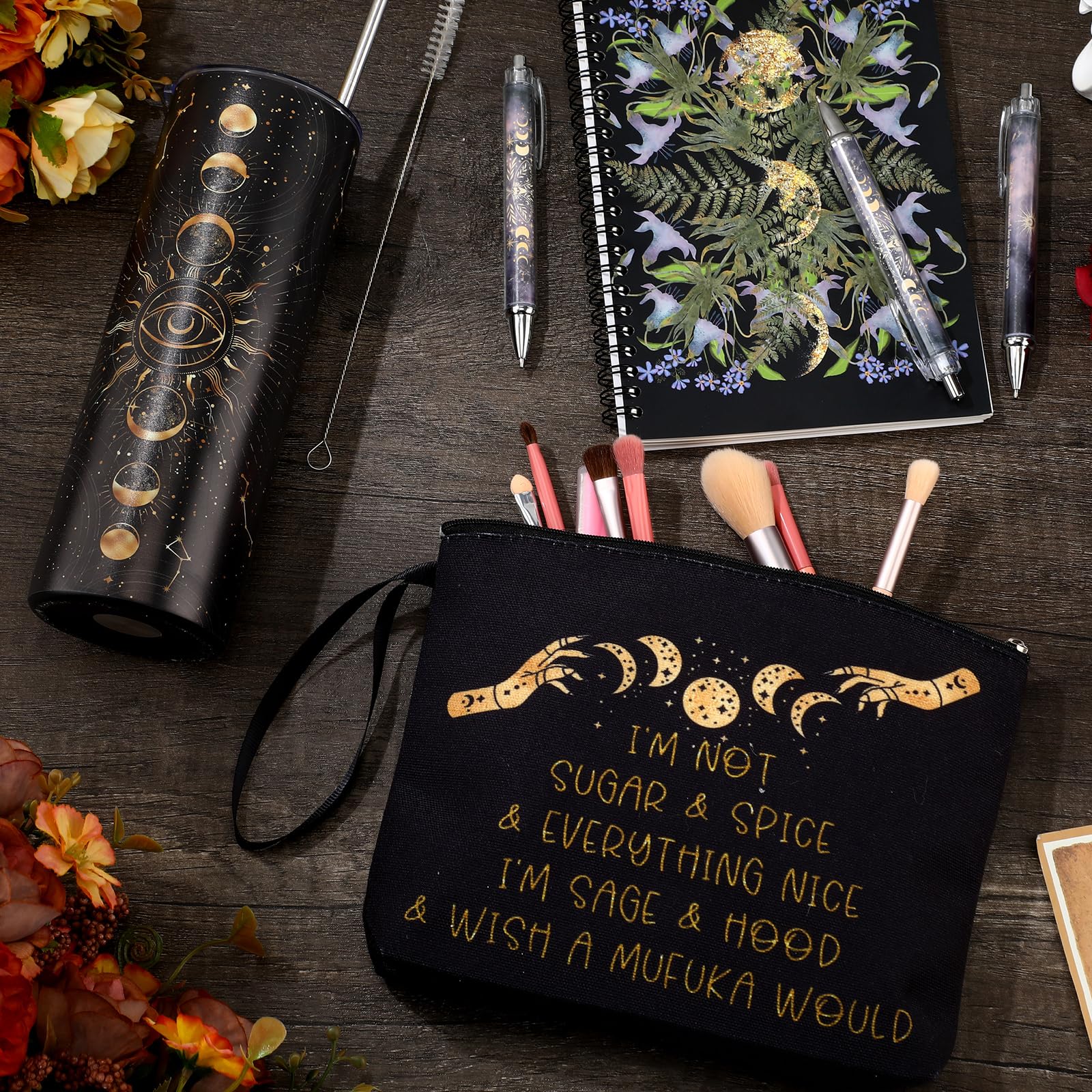 FoldTier 6 Pcs Gothic Witch Gift 1 Moon Phase Tumbler with Lids and Straw 1 Witchy Makeup Bag & 1 Journal Notebook 3 Inspirational Ballpoint Pens Xmas Witchcraft Lover Gift for Women Friends