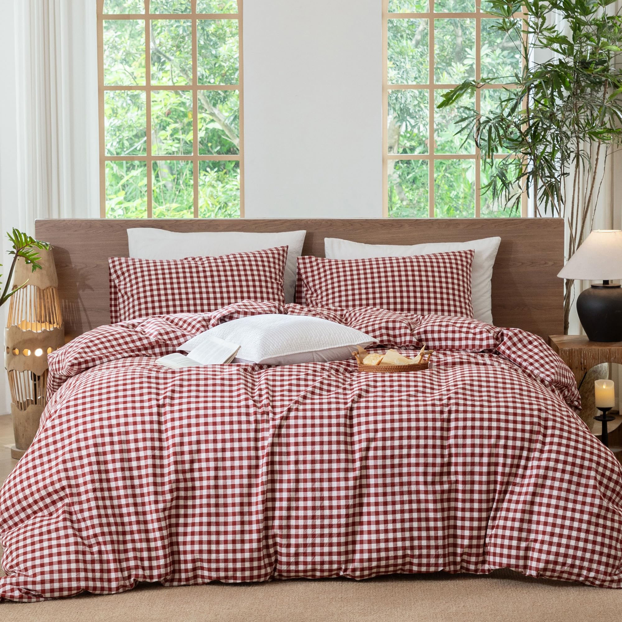MooMee Gingham Duvet Cover Set 100% Washed Cotton Linen Like Queen