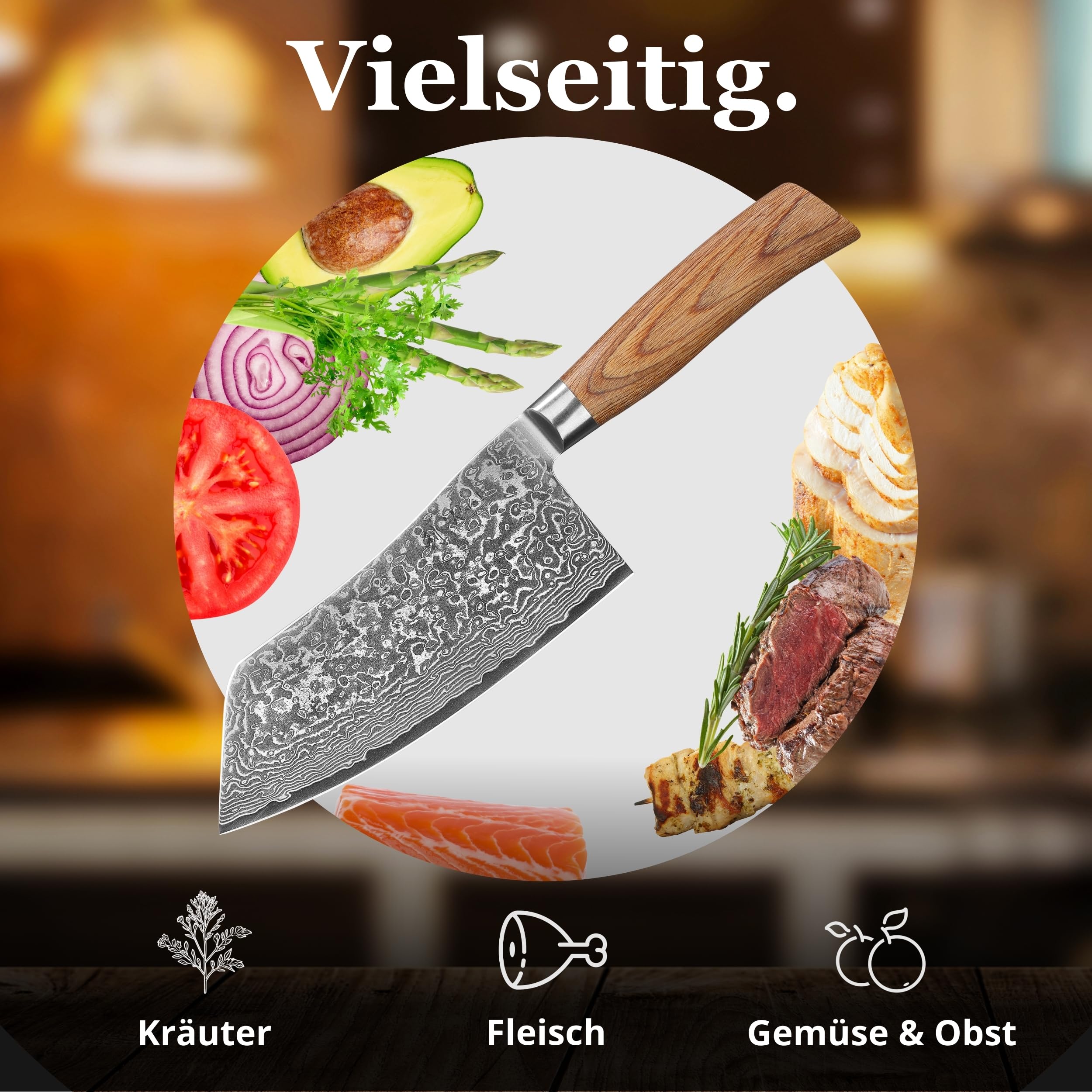 Wakoli EDIB Pro Chai Dao Messer, 17 cm Klinge aus Damaststahl mit VG10 Kern | 67 Lagen, 60 ± 2 HRC, 32 cm Gesamtlänge, Pakkaholzgriff und Geschenkbox; für Fleisch, Gemüse und Kräuter, nicht für Knochen