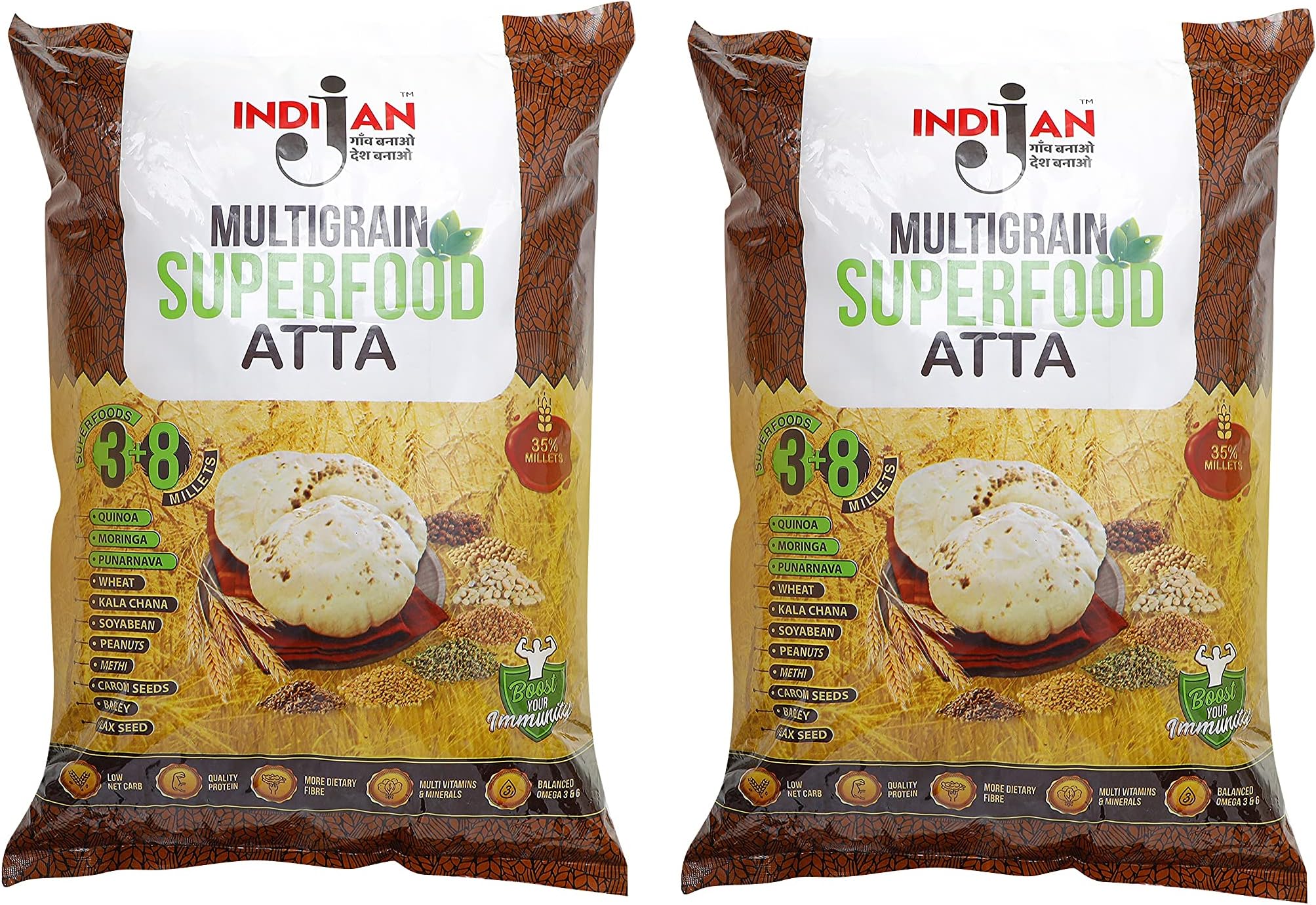 INDIJAN Multigrain Superfood Atta/Flour 5 Kg|11 Ingridients & 35 % Millets+Superfoods/Low Carb + Protein+ Vitamins+ Dietary Fibre/Diabetic Friendly/Low Gi-10 Kg (Pack Of 2)
