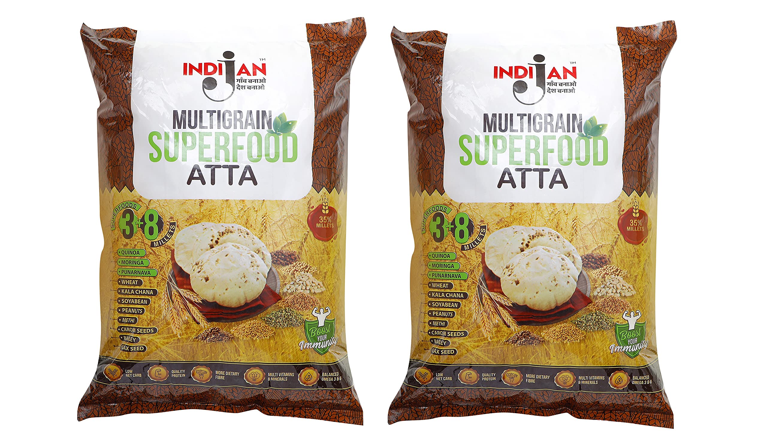 INDIJAN Multigrain Superfood Atta/Flour 5 Kg|11 Ingridients & 35 % Millets+Superfoods/Low Carb + Protein+ Vitamins+ Dietary Fibre/Diabetic Friendly/Low Gi-10 Kg (Pack Of 2)