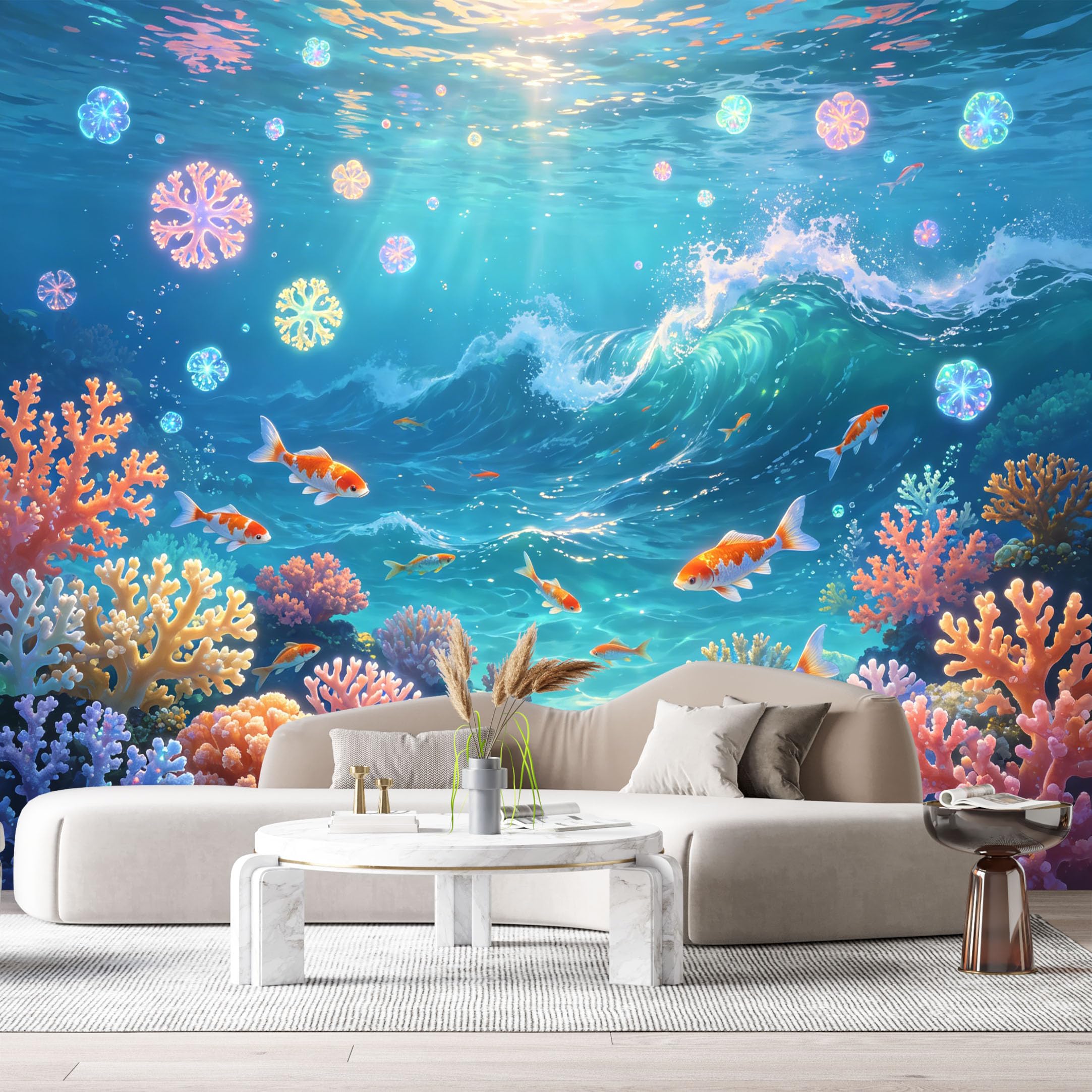 Custom Size Wall Murals Ocean Marine Watercolor Koi Fish Coral Reef SelfAdhesiveWall Fabric Removable Wallpaper Wall Decor for Living Room Bedroom Bathroom