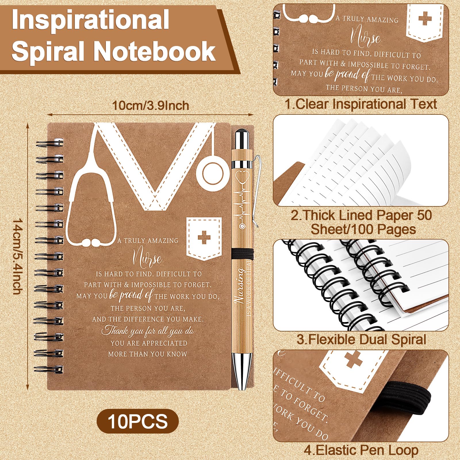 10 Sets Nurse Appreciation Gifts Bulk Thank You Gift Inspirational Spiral Notebook Motivational Ballpoint Pens Nurses Week Gifts for Doctor Medical Nursing Students Teacher Coworker Colleagues - Image 2