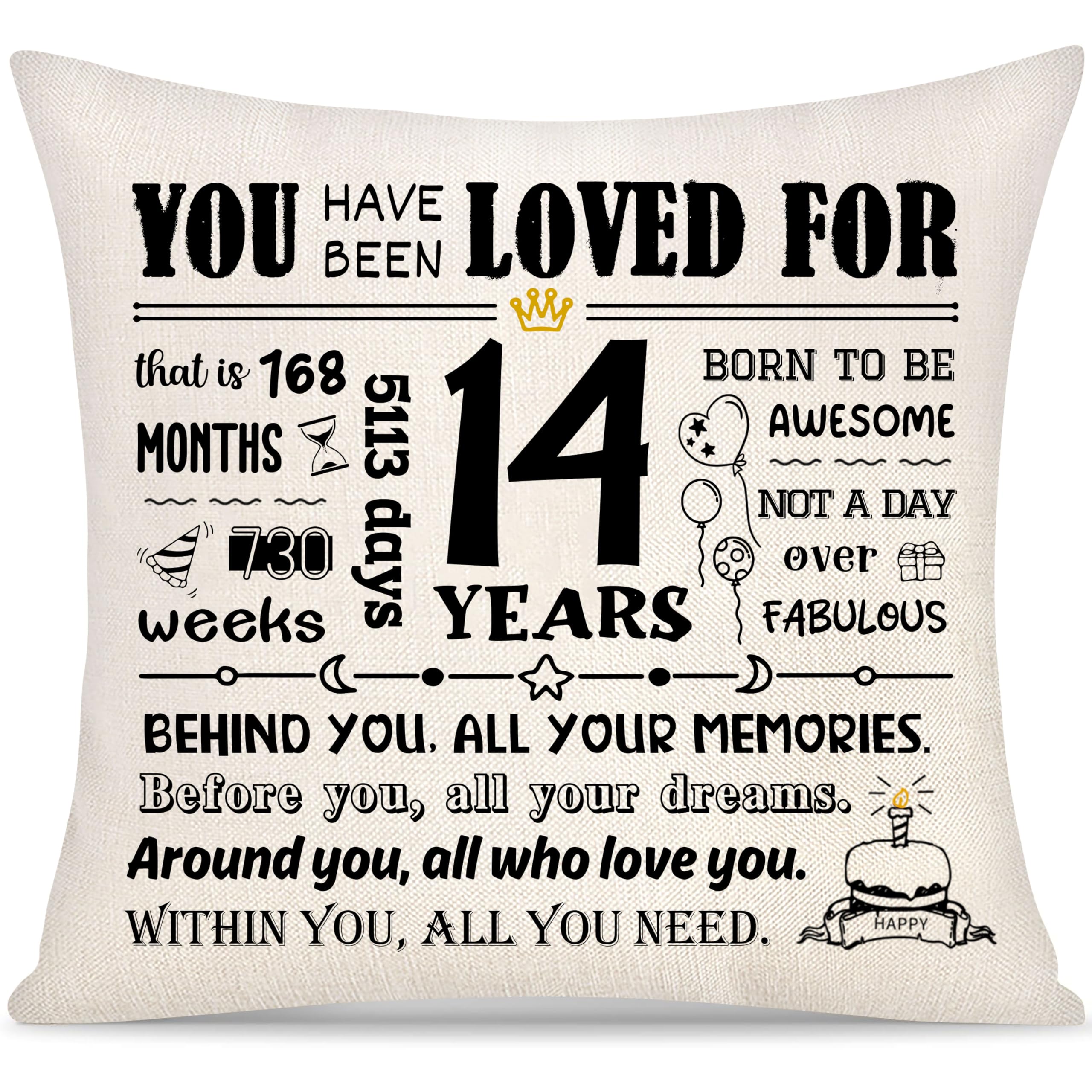Yoskiasd 14th Birthday Cushion Cover Birthday Decorations Gifts for Girls Boys Daughter Son Granddaughter Grandson (14)