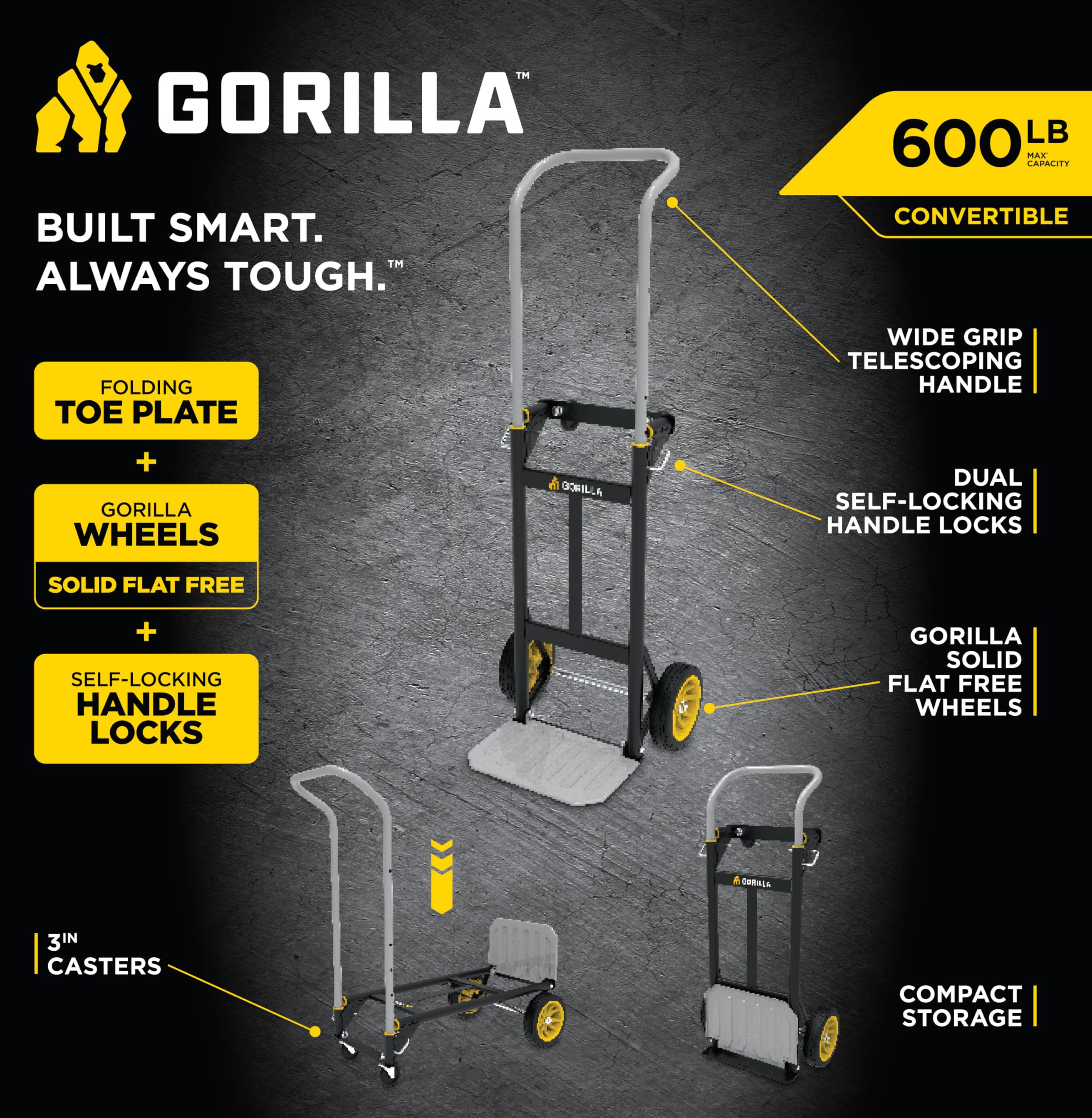 Gorilla - Carretilla de Mano de Acero Convertible de 400 Libras, conversión Simple de Plataforma Plana; Mango telescópico de Agarre Ancho, neumáticos sin Planos